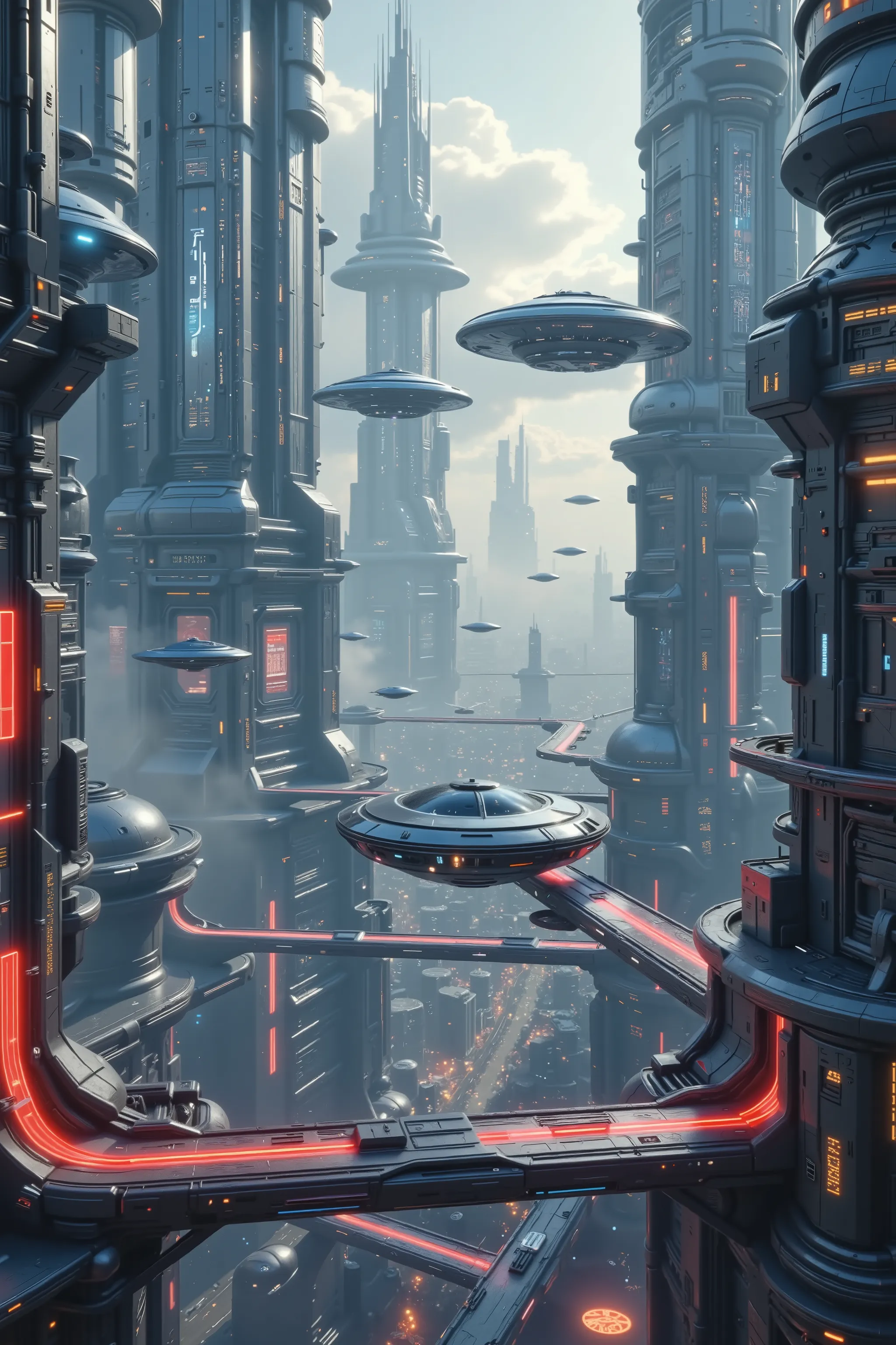  Ultra-realistic, photo-realistic, ultra-detailed, realistic vision, hyperrealism, Massive futuristic skyscrapers tower into a cloudy sky, their surfaces decorated with what appear to be digital displays and illuminated panels glowing warmly against the pr...