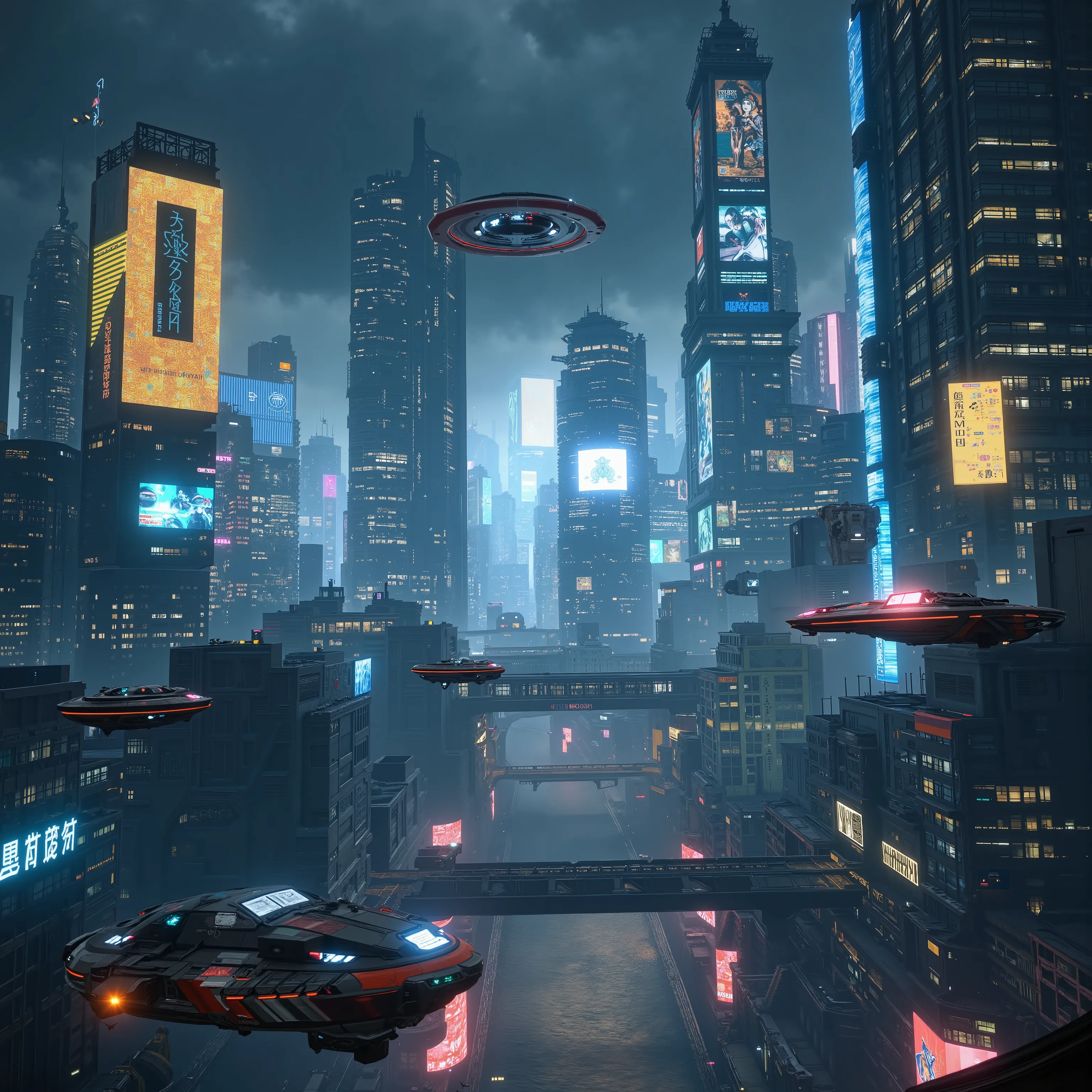 (best quality,4k,8k,highres,masterpiece:1.2), photorealistic,photo-realistic:1.37) highly detailed futuristic cybercity, neon lights illuminating the cityscape, flying vehicles everywhere, advanced technology Ultra-realistic, photo-realistic, ultra-detail...