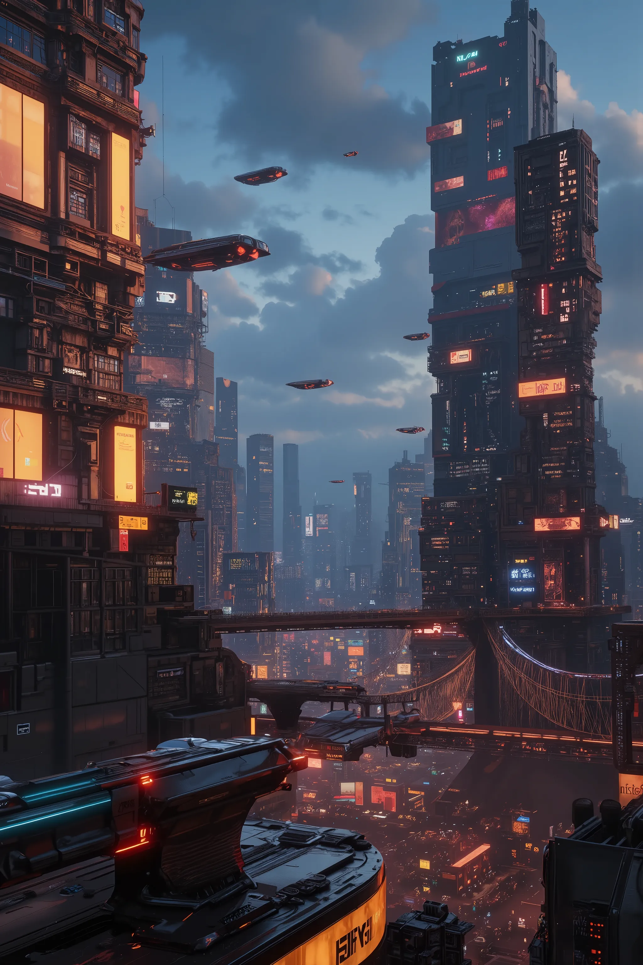 (best quality,4k,8k,highres,masterpiece:1.2), photorealistic, photo-realistic :1.37) highly detailed futuristic cybercity, neon lights illuminating the cityscape, flying hovercraft vehicles are everywhere, advanced technology, hovercraft, Ultra-realistic, ...