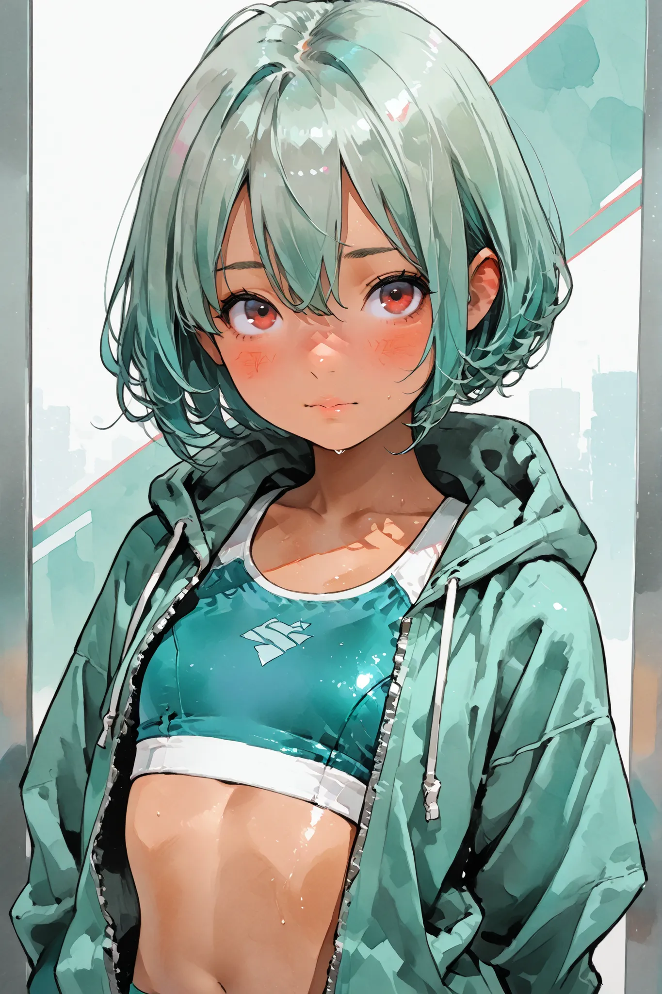 1girl,,Super Detailed,absolute resolution,(dynamic angles),(tanned skin:0.1),portrait,((pinup)),cowboy shot,
standing,arms behind back, Beside viewer,
sports bikini,open hoodie,barefoot,
detailed and beautiful face and eyes,red eyes,eyes reflection,Japanes...