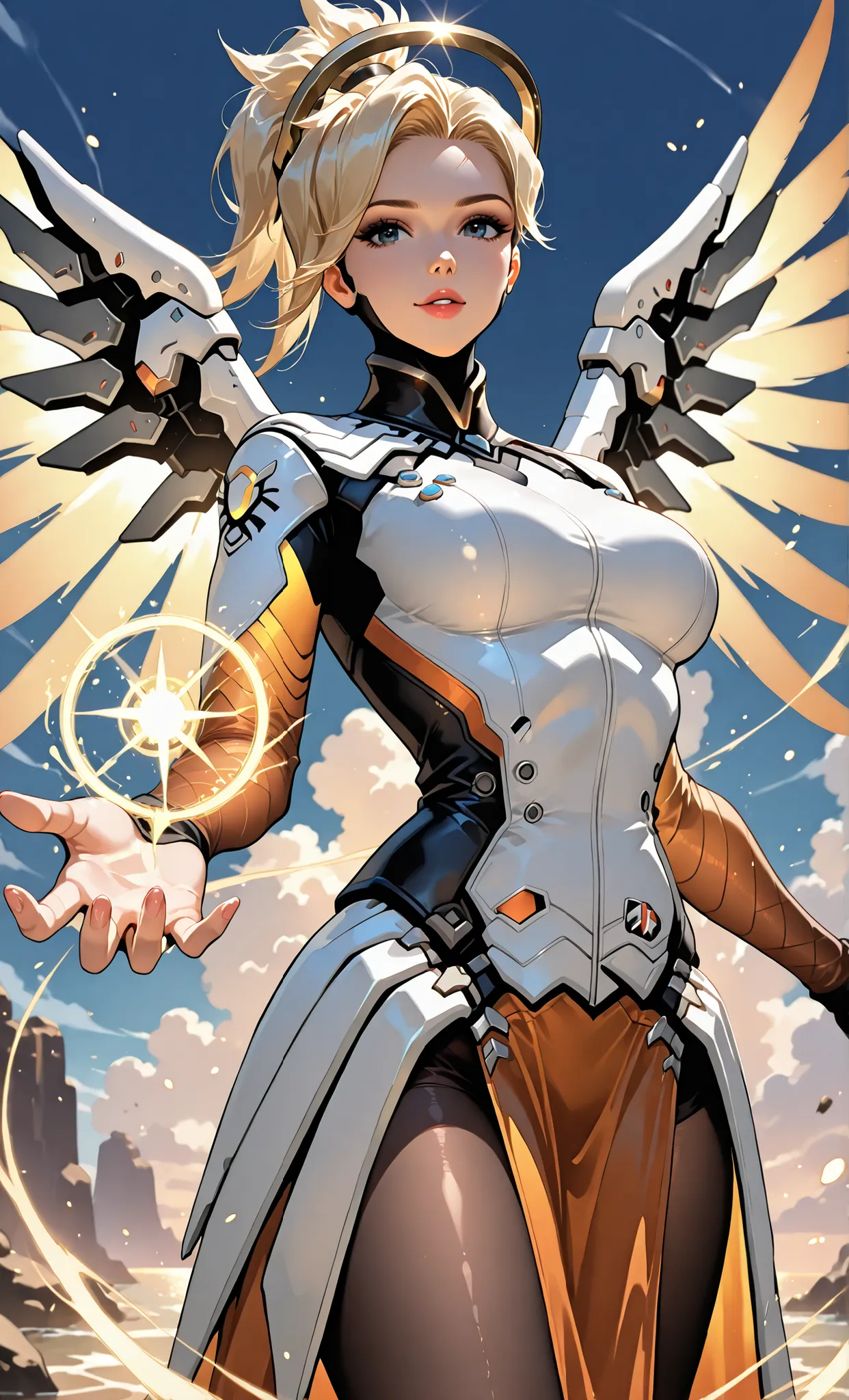 A Healing Sorceress, Releasing Her Rejuvenating Healing Magic Upon the Earth to Restore the Green of the Barren Land, Mercy/Overwatch, Wearing Official Outfit Of Overwatch