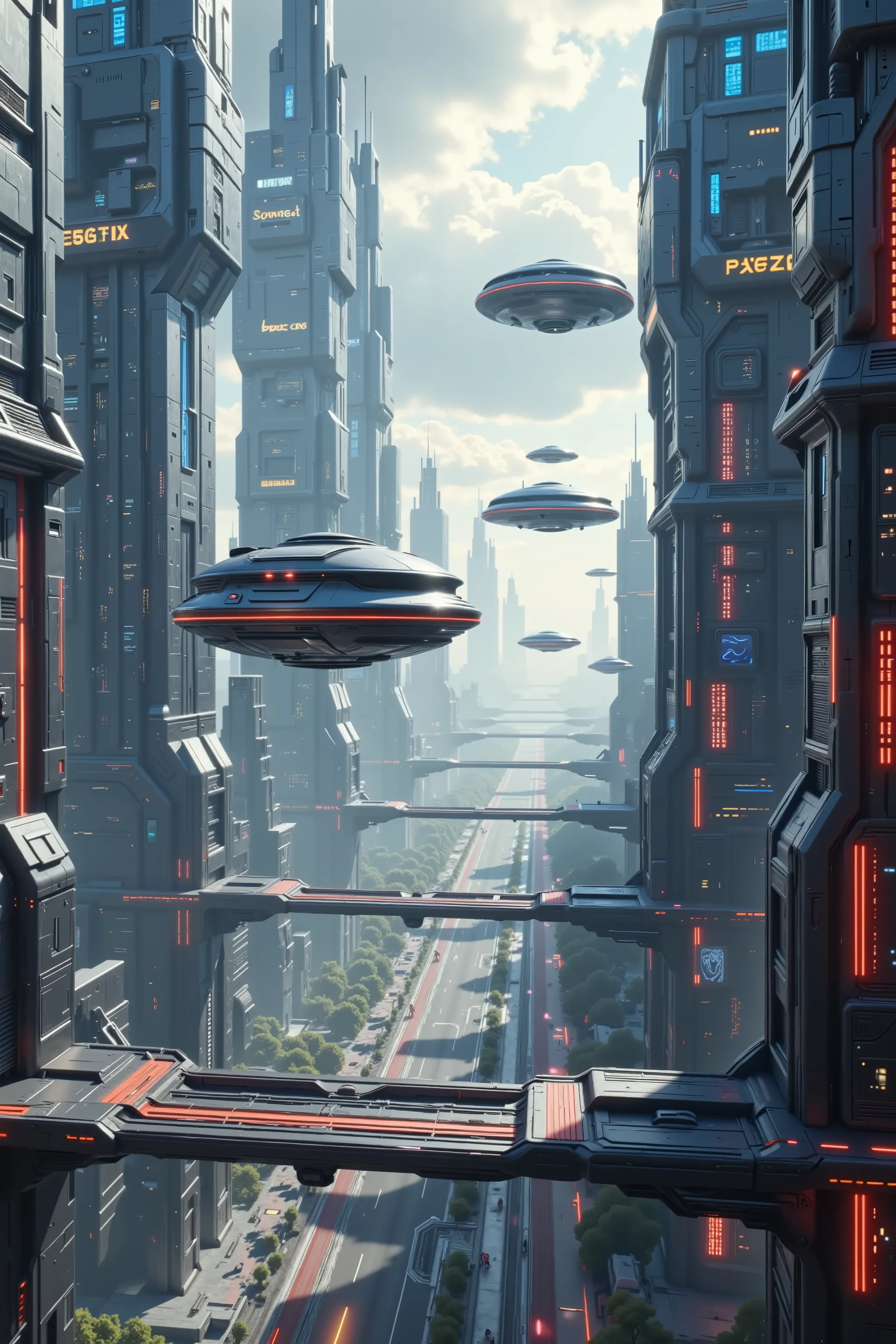  Ultra-realistic, photo-realistic, ultra-detailed, realistic vision, hyperrealism, Massive futuristic skyscrapers tower into a cloudy sky, their surfaces decorated with what appear to be digital displays and illuminated panels glowing warmly against the pr...
