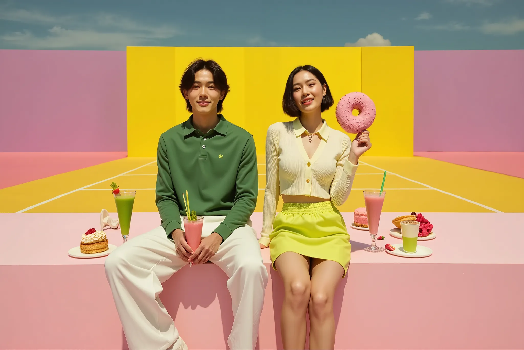 subject: stylish Thai couple sitting side by side in a surreal tennis court
outfit: man in dark green polo shirt with white trousers; woman in cropped ribbed cardigan and neon lime mini skirt
fabric details: soft cotton knit, ribbed textures, matte cotton ...