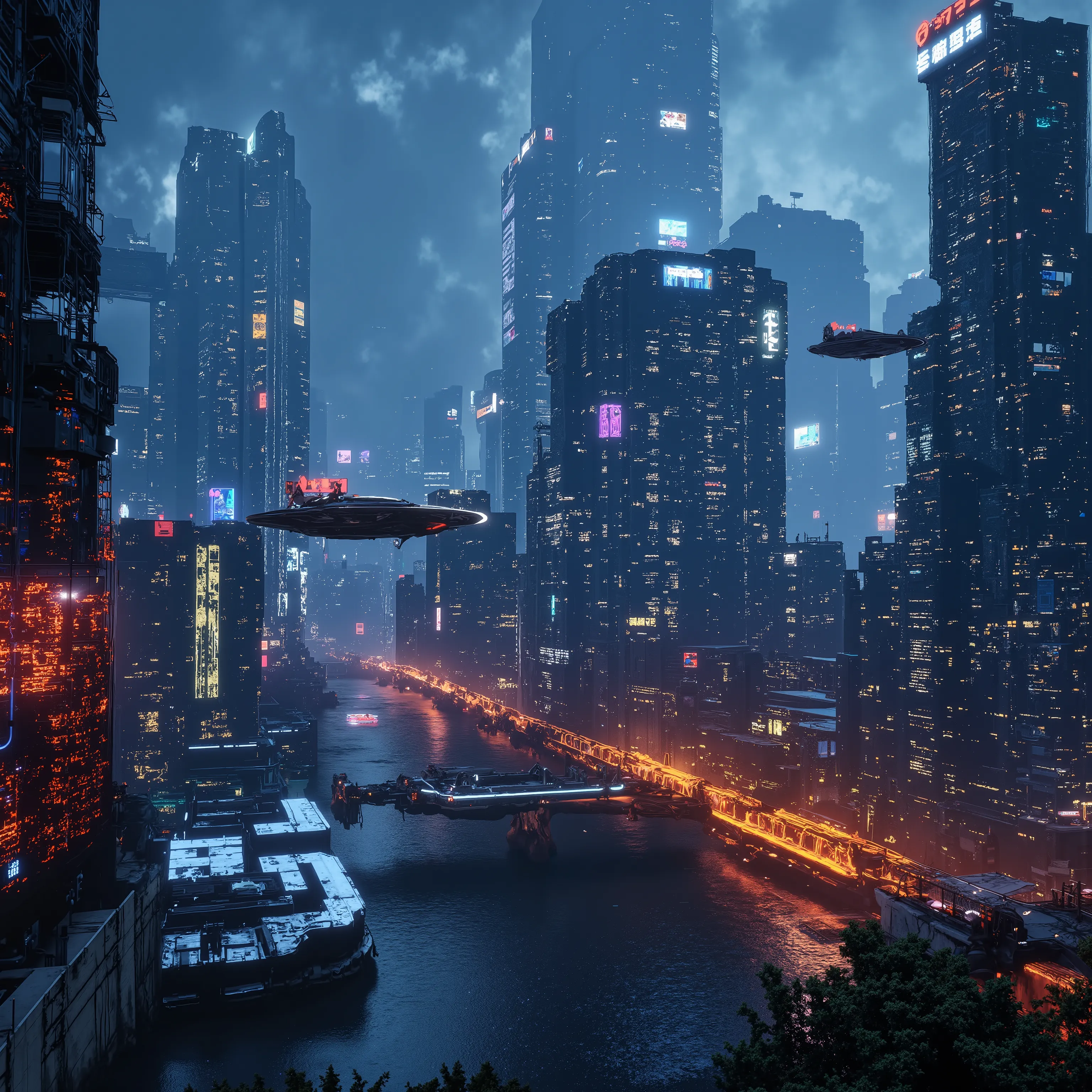 (best quality,4k,8k,highres,masterpiece:1.2), photorealistic,photo-realistic:1.37) highly detailed futuristic cybercity, neon lights illuminating the cityscape, flying hovercraft vehicles are everywhere, advanced technology, Ultra-realistic, photo-realisti...
