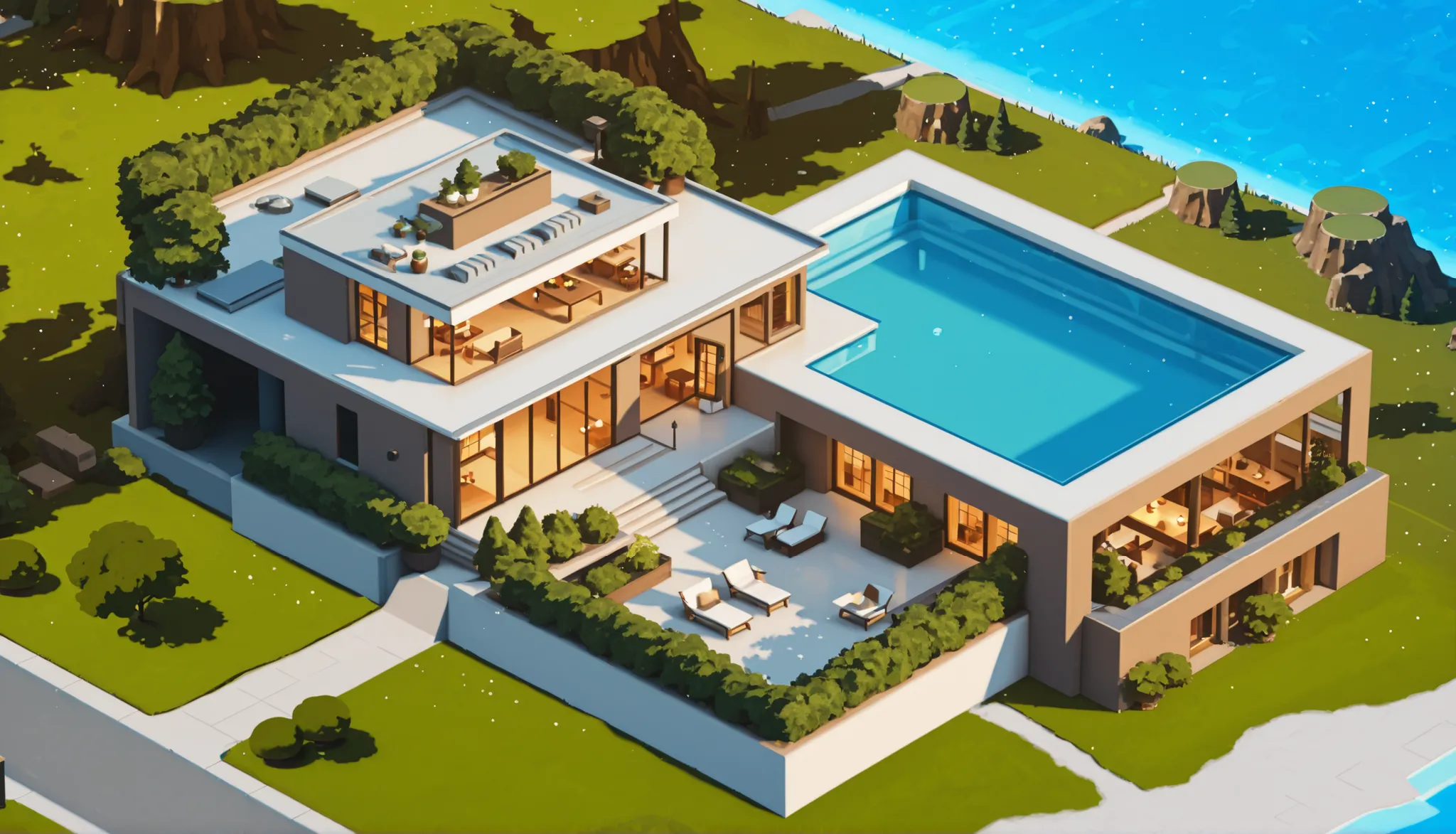 ((isometric)), ((realism)), modern expensive villa, villa building for the rich with very expensive, modern illuminated with panoramic windows high in isometric realism