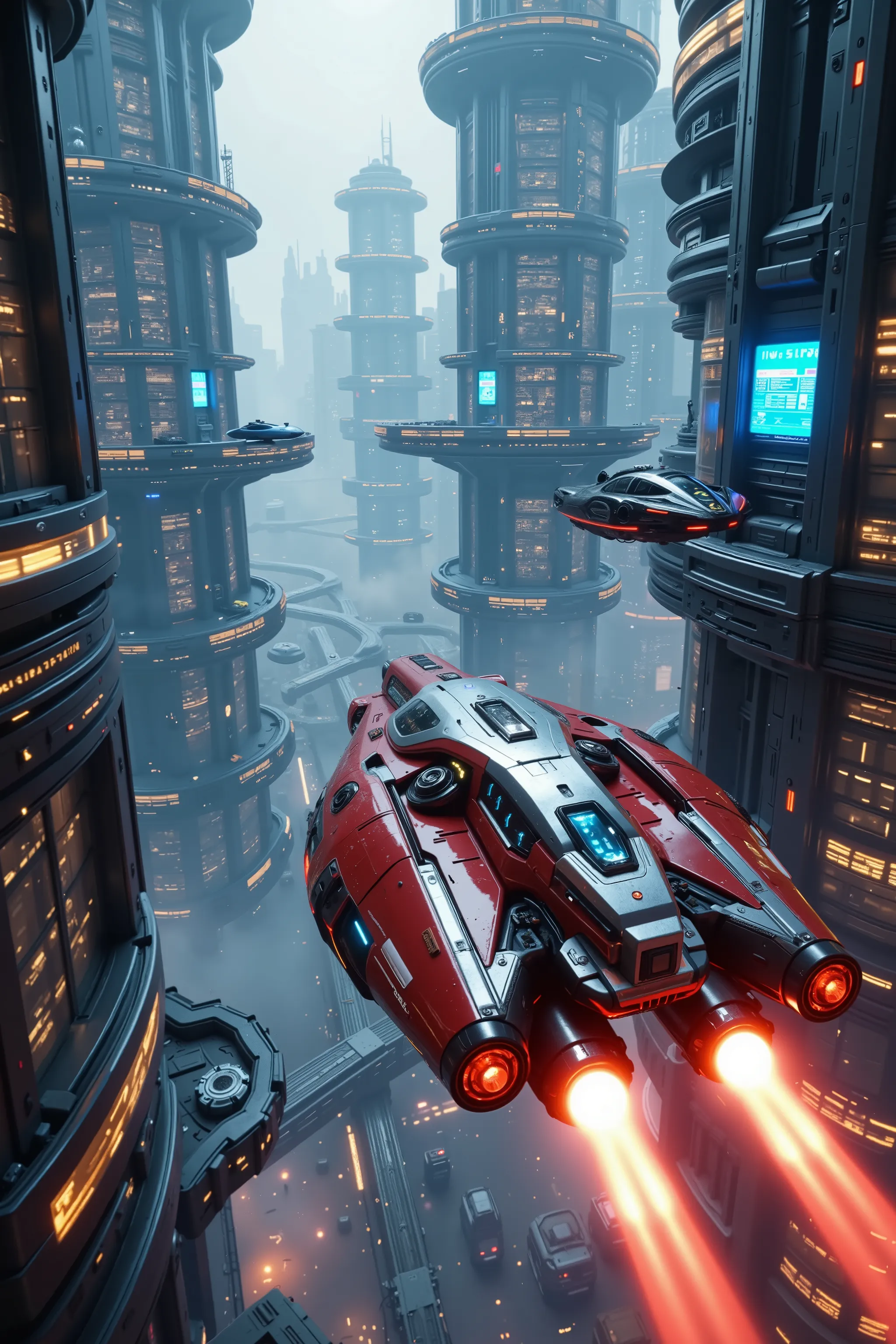 Ultra-realistic, photo-realistic, ultra-detailed, realistic vision, hyperrealism, a sprawling futuristic cityscape, flying vehicles navigate between towering skyscrapers that stretch into a misty sky. The scene captures dynamic movement, with sleek hovercr...