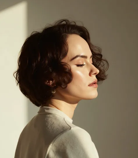 1girl, Daisy Ridley, A studio photography of a beautiful woman with her eyes closed, indoor, soft diffused studio lighting, minimalistic, photorealism, 4k resolution, ultra high quality, realistic proportions, low contrast, face focused, short hair, curly ...