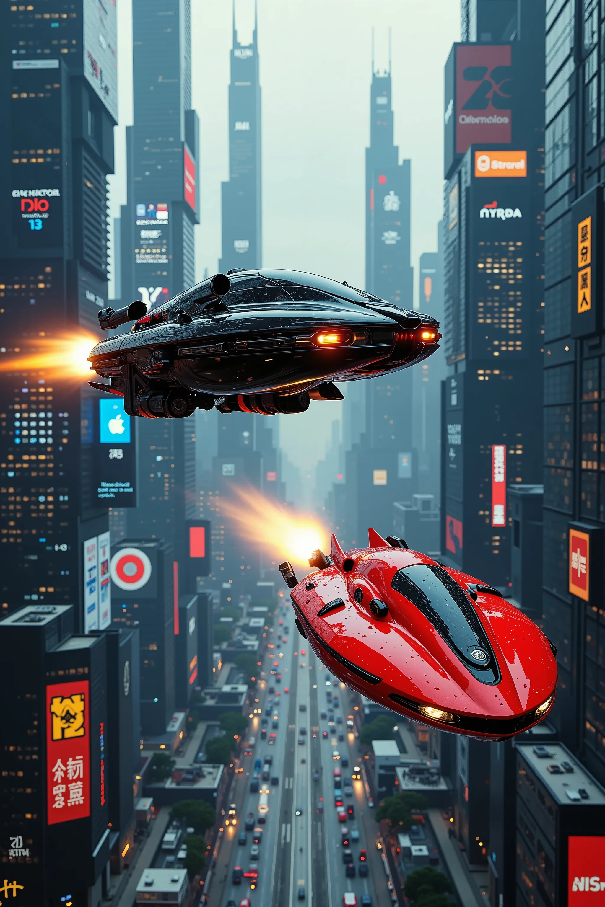 (best quality,4k,8k,highres,masterpiece:1.2), photorealistic,photo-realistic:1.37), highly detailed, futuristic metropolis. Super high skyscrapers with media screens covering the structures instead of windows.  Two super sleek hovercraft vehicles one black...