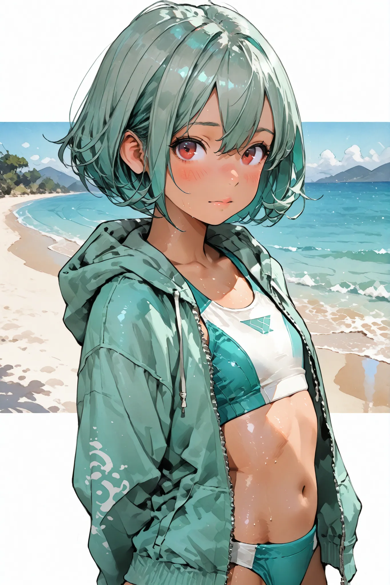 1girl,,Super Detailed,absolute resolution,(dynamic angles),(tanned skin:0.1),portrait,((pinup)),cowboy shot,from side,
standing,arms behind back, Beside viewer,
sports bikini,open hoodie,barefoot,
detailed and beautiful face and eyes,red eyes,eyes reflecti...