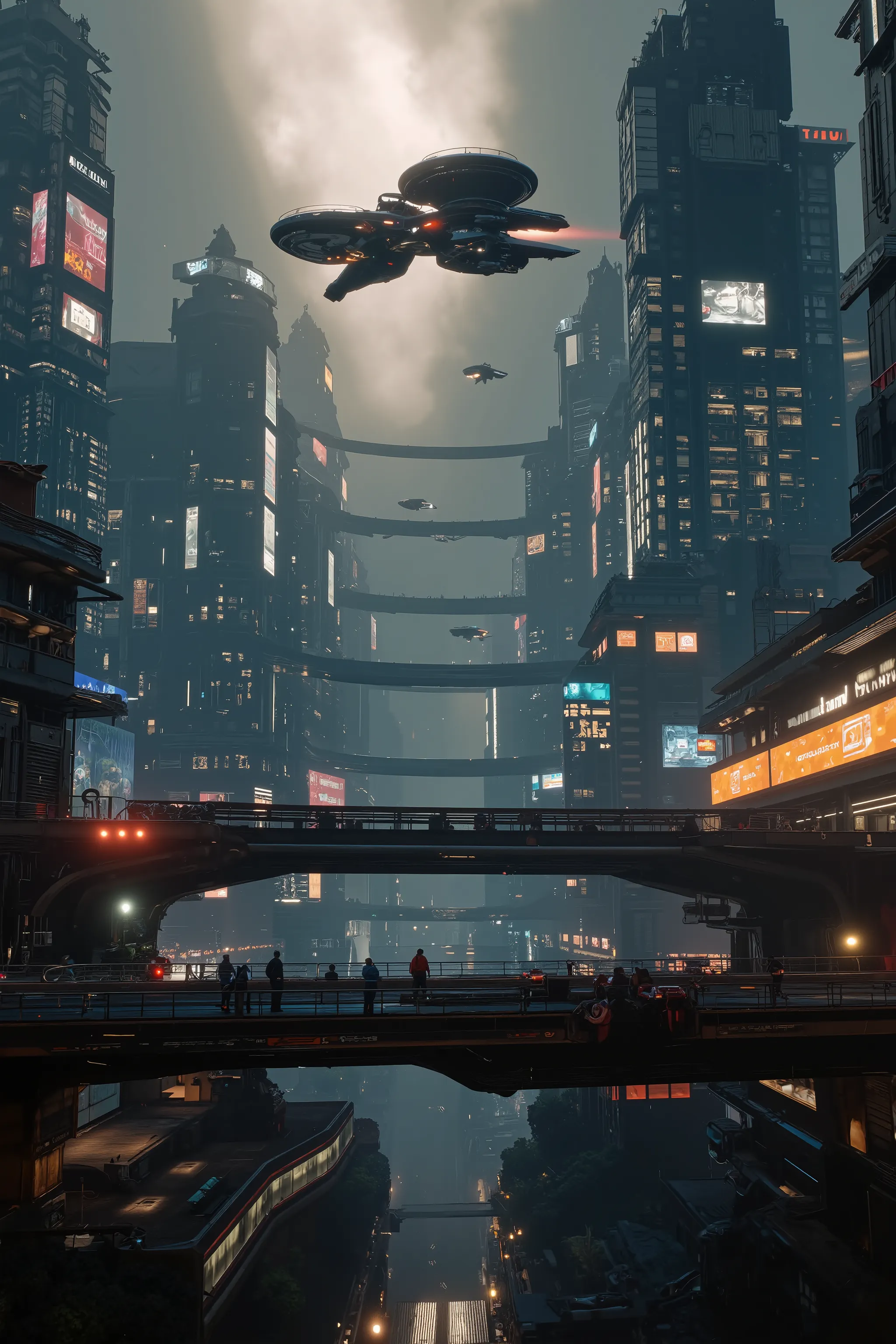 (best quality,4k,8k,highres,masterpiece:1.2), photorealistic,photo-realistic:1.37) highly detailed futuristic cybercity, neon lights illuminating the cityscape, flying vehicles everywhere, advanced technology Ultra-realistic, photo-realistic, ultra-detail...