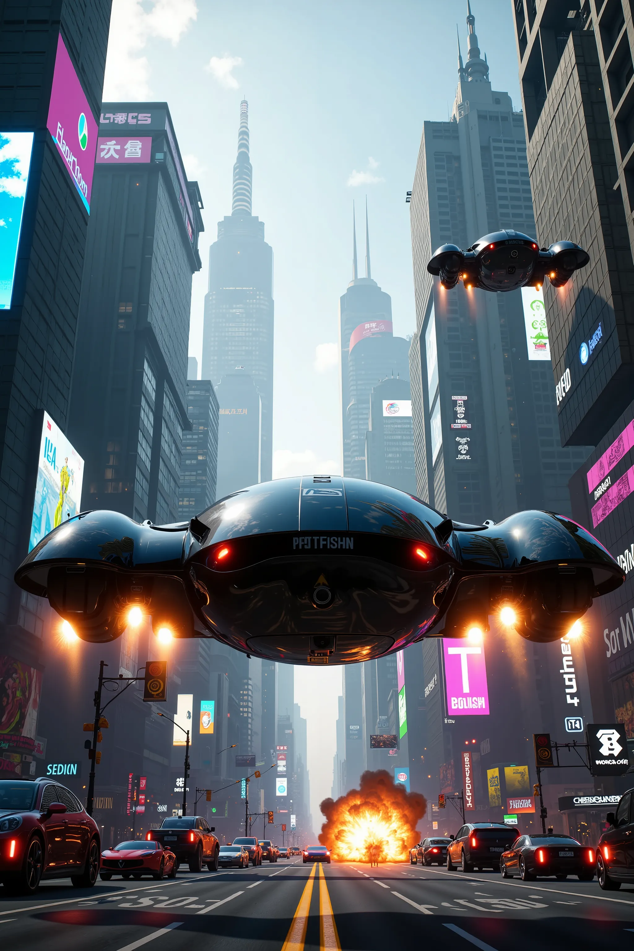 (best quality,4k,8k,highres,masterpiece:1.2), photorealistic,photo-realistic:1.37), highly detailed, futuristic metropolis. Super high skyscrapers with media screens covering the structures instead of windows.  Two super sleek hovercraft vehicles one black...