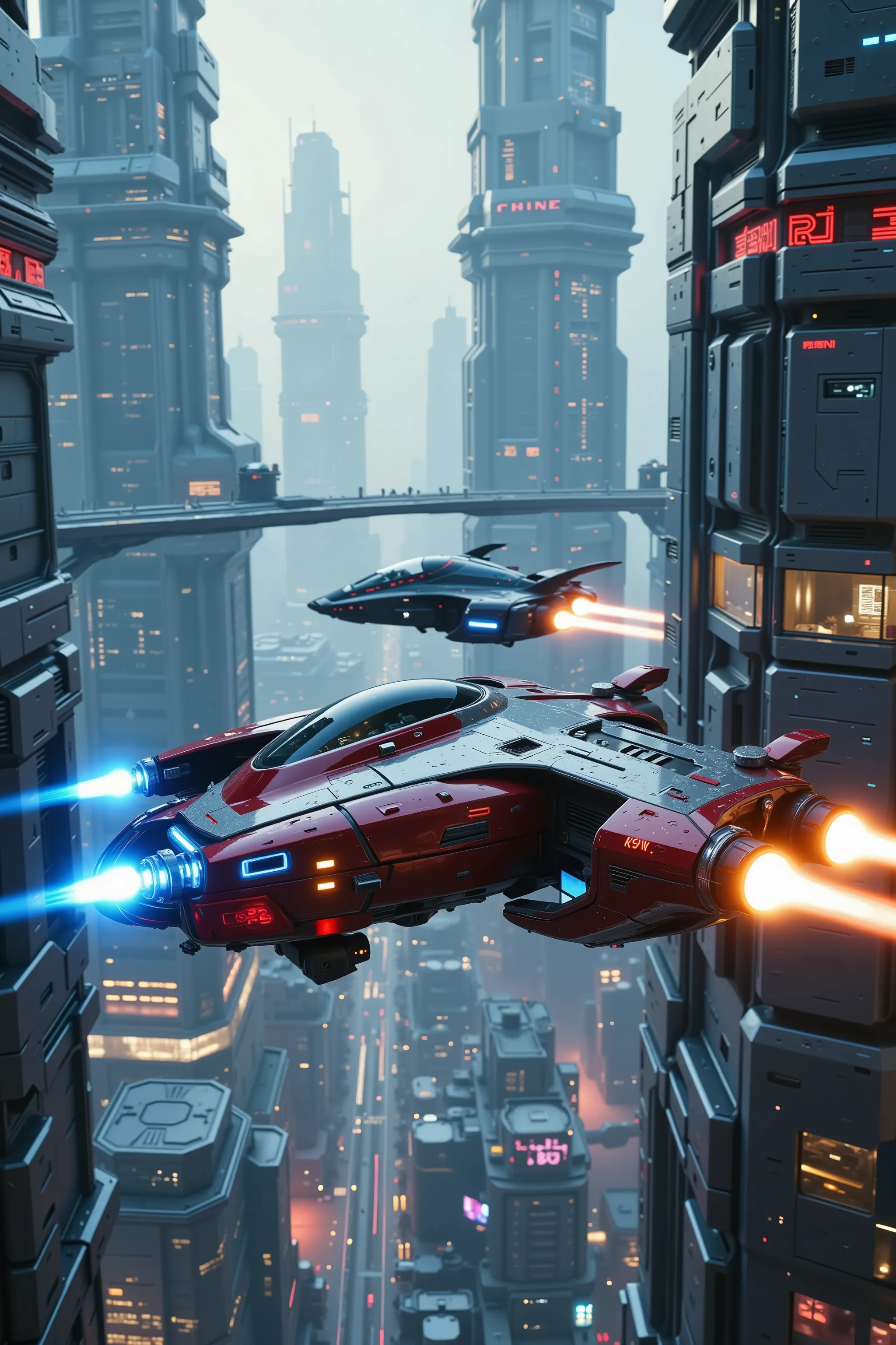 Ultra-realistic, photo-realistic, ultra-detailed, realistic vision, hyperrealism, a sprawling futuristic cityscape, flying vehicles navigate between towering skyscrapers that stretch into a misty sky. The scene captures dynamic movement, with sleek hovercr...