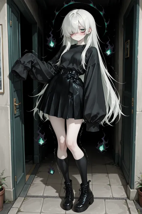 1girl, ((solo)), full body, alone, tall female, 25 years old female, very long hair, white hair, (green eyes), beautiful eyes, (black bow), hair over one eye, pale skin, black shirt, long sleeves, very long sleeves, ((sleeves past wrists)), gothic skirt, l...