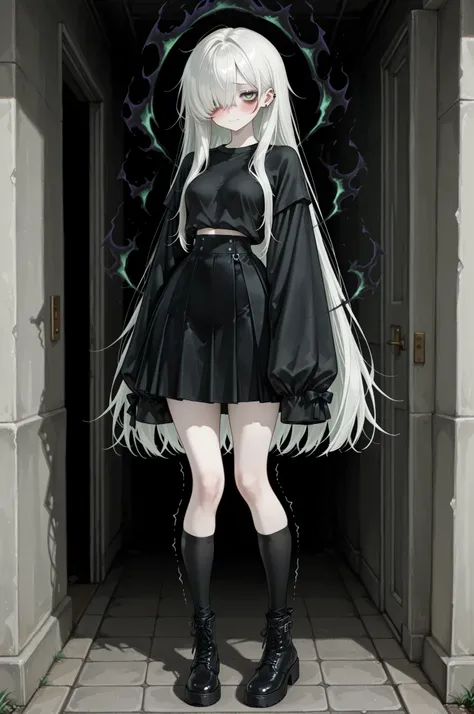 1girl, ((solo)), full body, alone, tall female, 25 years old female, very long hair, white hair, (green eyes), beautiful eyes, (black bow), hair over one eye, pale skin, black shirt, long sleeves, very long sleeves, ((sleeves past wrists)), gothic skirt, l...