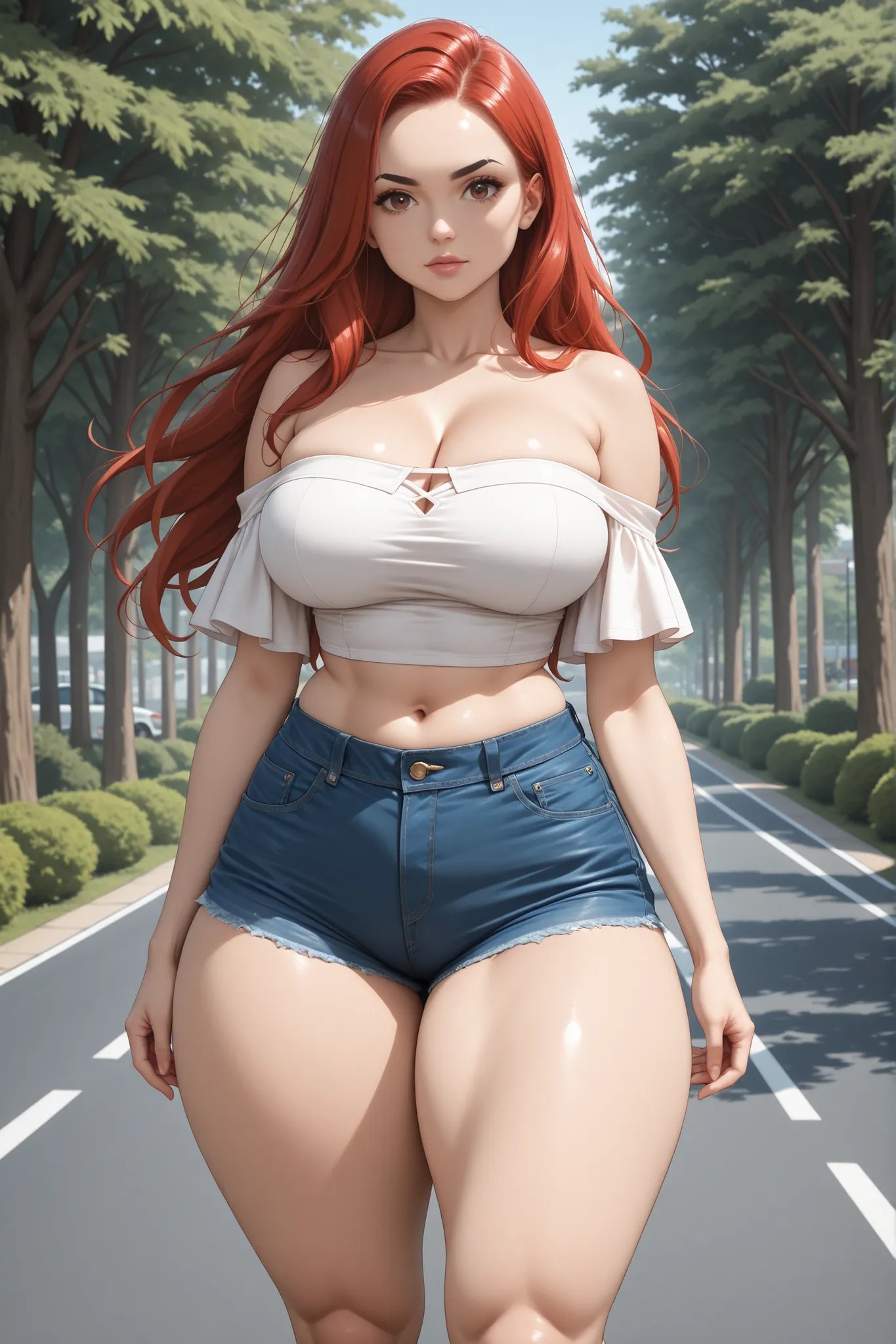 Perfect Face, Perfect Body, Red Hair, Long Smooth Hair, (Forehead), Black Thin Eyebrows, Brown Eyes, Lips Without Makeup, Collarbone, Cleavage, (Large Breasts, Perfect Breasts), (White Off-Shoulders Top), Navel, (Perfect Waist, Perfect Midriff), Standing, ...