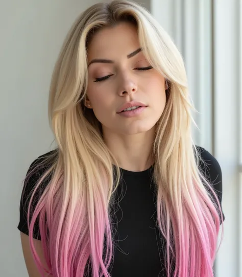 1girl, Alexa Bliss, A studio photography of a beautiful woman with her eyes closed, indoor, soft diffused studio lighting, minimalistic, photorealism, 4k resolution, ultra high quality, realistic proportions, low contrast, face focused, long hair, long str...