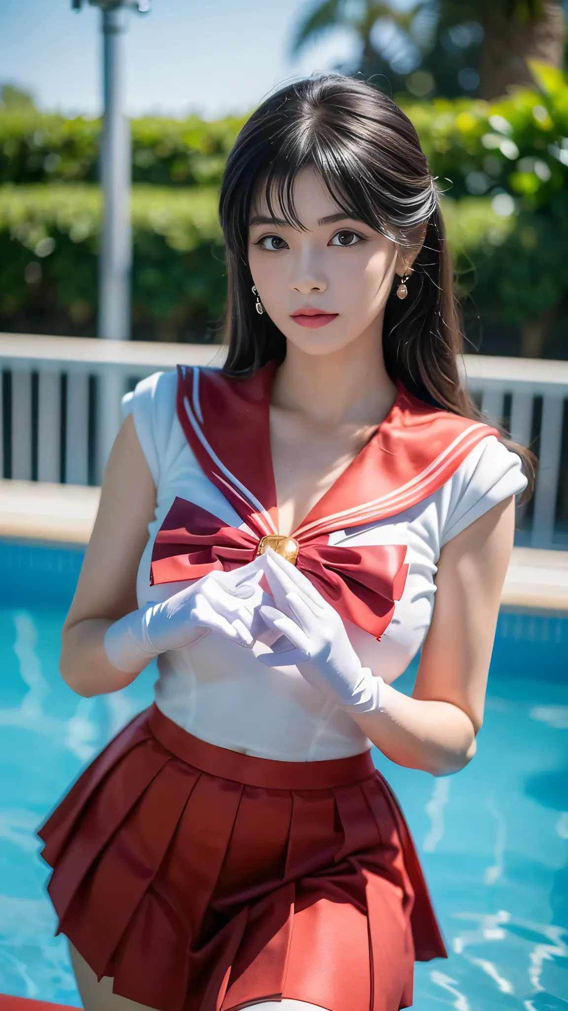 masterpiece, top quality, high res, (realistic), raw photos, octane rendering, Plump Face:1.1, sexy, top quality, Very Detailed, VERY ACCURATE, Plump Face: 1.2, ((Wearing a Sailor Mars costume)), プールサイドでポーズをとるsailor suitの女の子のクローズアップ, anime girl cosplay, an...