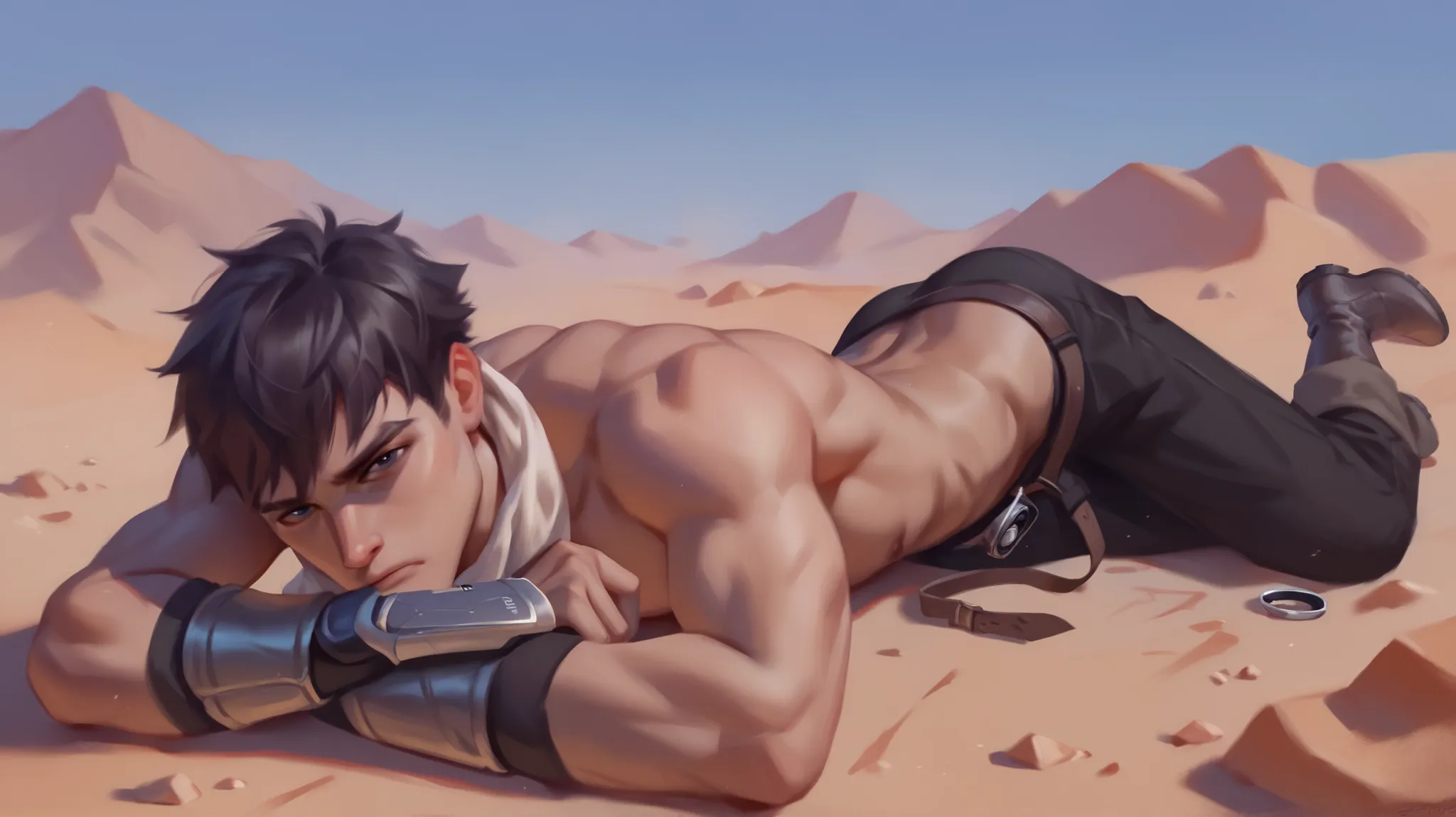 1 guy, he has a scarf covering his head and mouth, focus on his eyes, he looks tired, he's very thin, he has black baggy pants, he wears boots, he has a naked torso, around desert , pee, stones, the scarf covers his mouth and head, the scarf is white, he i...