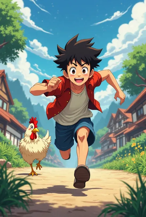 An anime boy running with hen