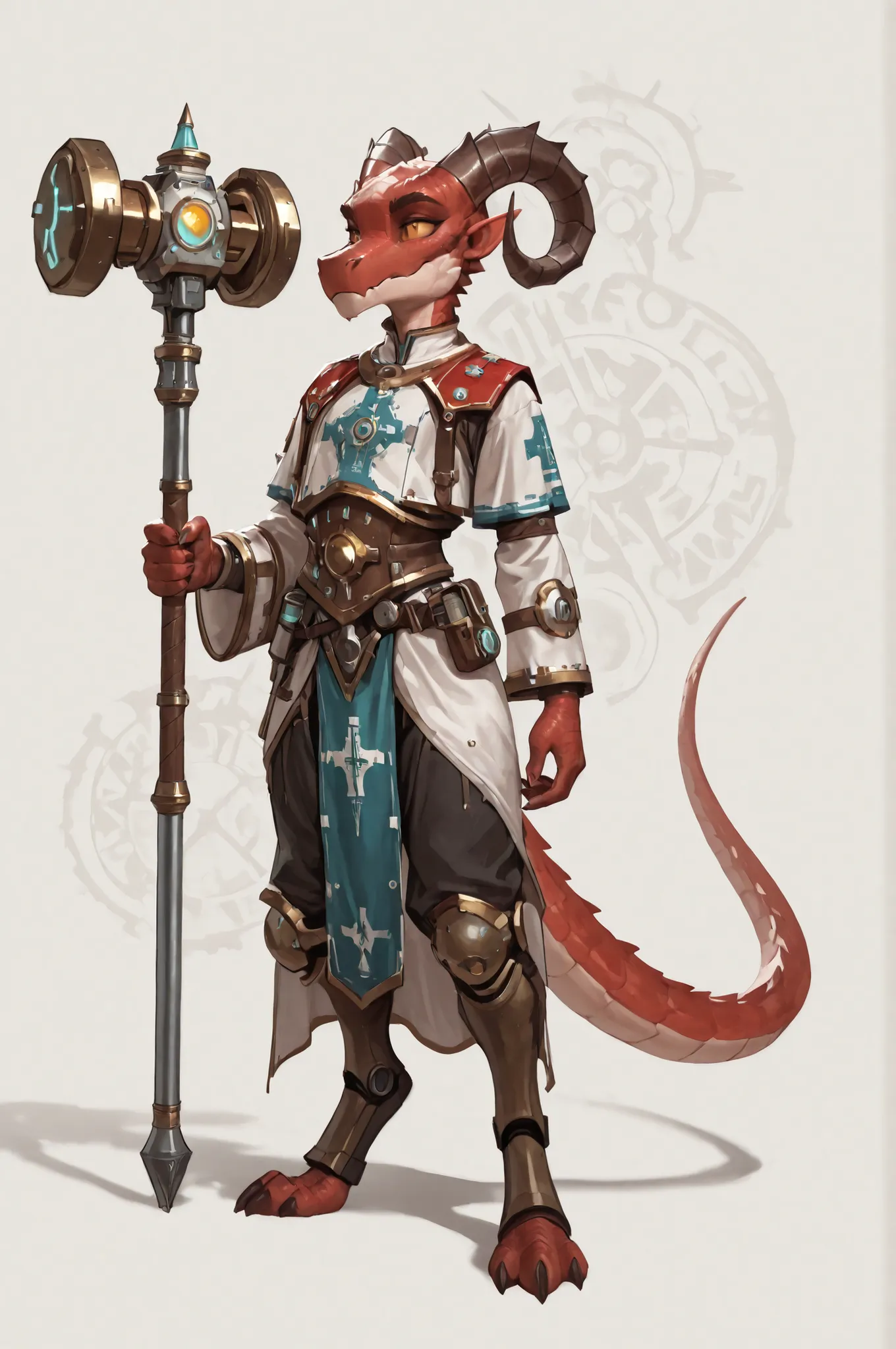 adeptus mechanicus, tech priest, pointed ears, long draconic snout, lean physique, kobold, red scales, eyebrows, great horns, artificer class, artificer's clothes highly detailed, best quality, holding great iron hammer
