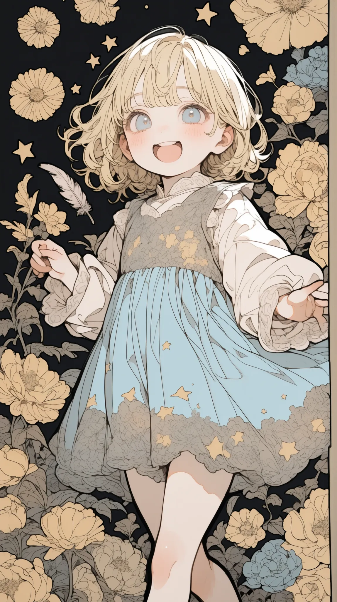and the background is simple black。well-balanced body、fluffy blond blue eyes、detailed face、looks happy、well-balanced body、thin, long legged kindergarten child,Golden Stars on Background,burnt feathers and ash、little boy who is cm tall、large floral dress、, ...
