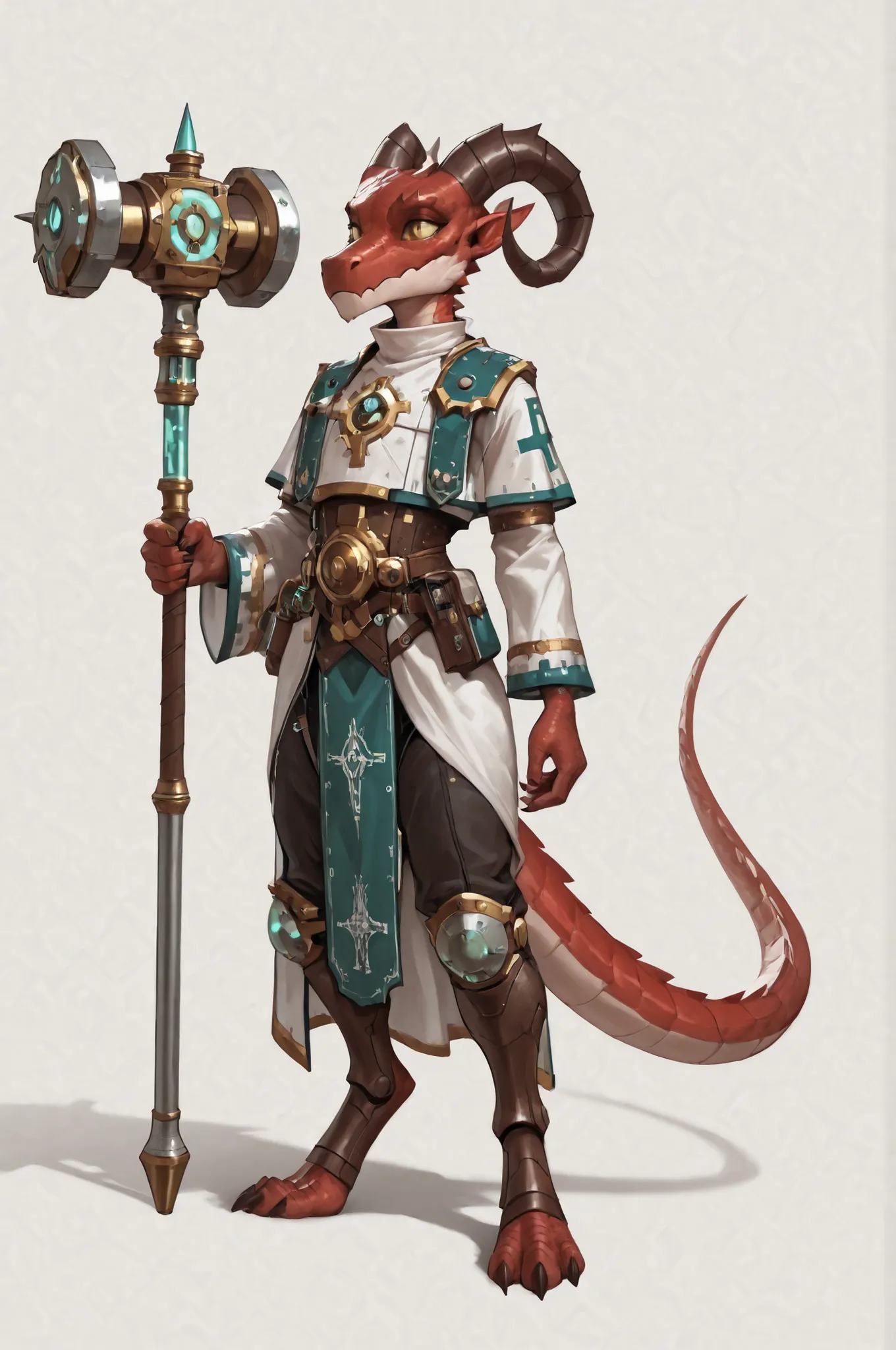 adeptus mechanicus, white robe, tech priest, pointed ears, long draconic snout, lean physique, kobold, red scales, great horns, artificer class, artificer's clothes highly detailed, best quality, holding great iron hammer