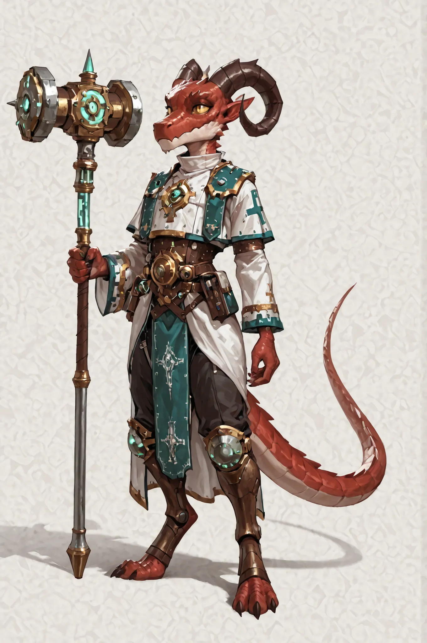 adeptus mechanicus, white robe, tech priest, pointed ears, long draconic snout, lean physique, kobold, red scales, great horns, artificer class, artificer's clothes highly detailed, best quality, holding great iron hammer
