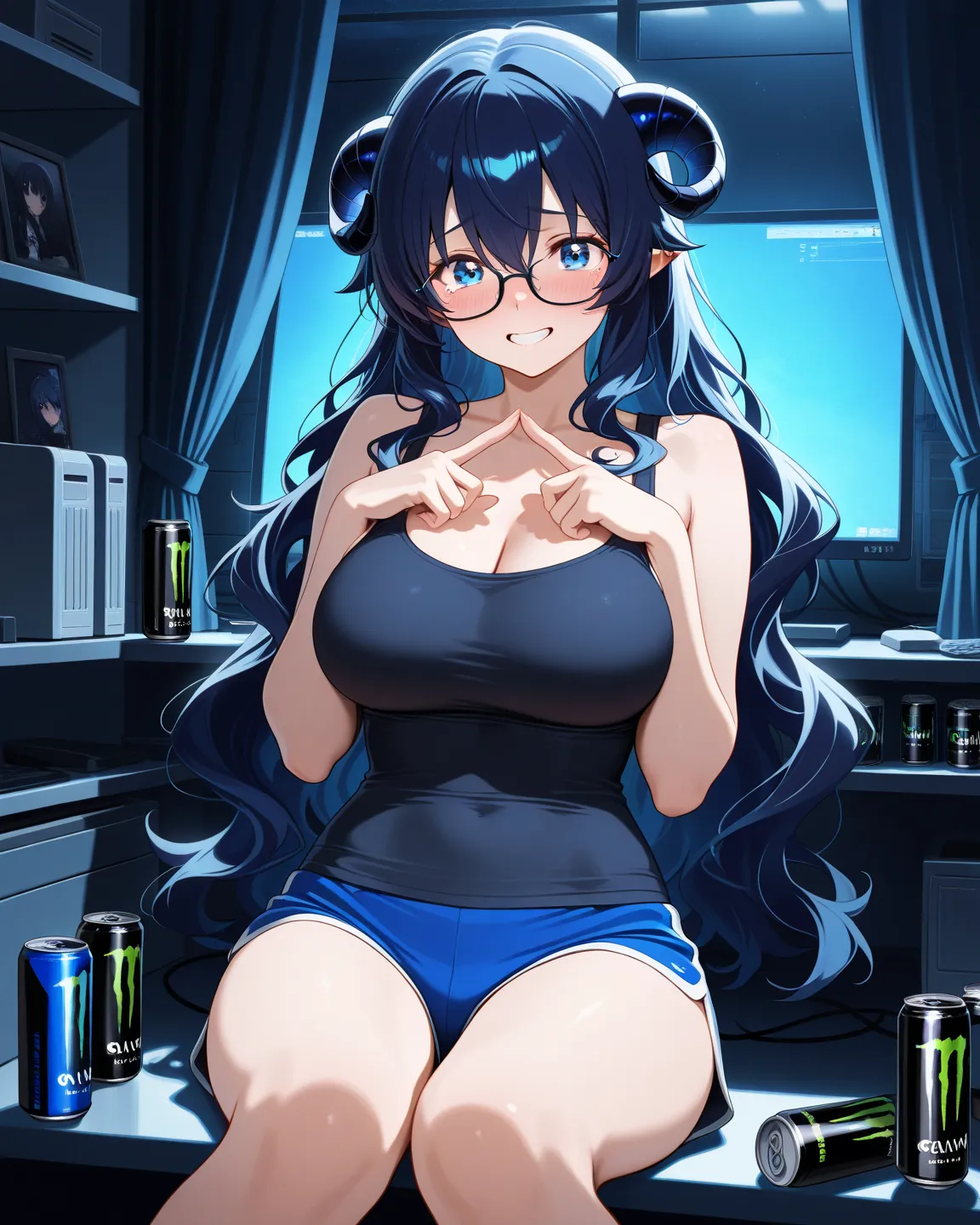 (masterpiece, best quality, ultra detailed, cinematic lighting, moody room atmosphere), a shy demon girl with long messy wavy hair, dark blue hair color, large curved demon horns, thick glasses, wearing a wrinkled white tank top and tight blue shorts, large breasts, sitting in a dimly lit otaku room with closed curtains, only the faint glow of a computer screen illuminating the space, teary-eyed, awkward grin, confused and embarrassed expression, touching her index fingers together nervously (tsun-tsun gesture), scattered game boxes, empty energy drink cans, figurine shelves in background, lonely but endearing mood, soft shadows, desaturated cool tones with blue light accents, 