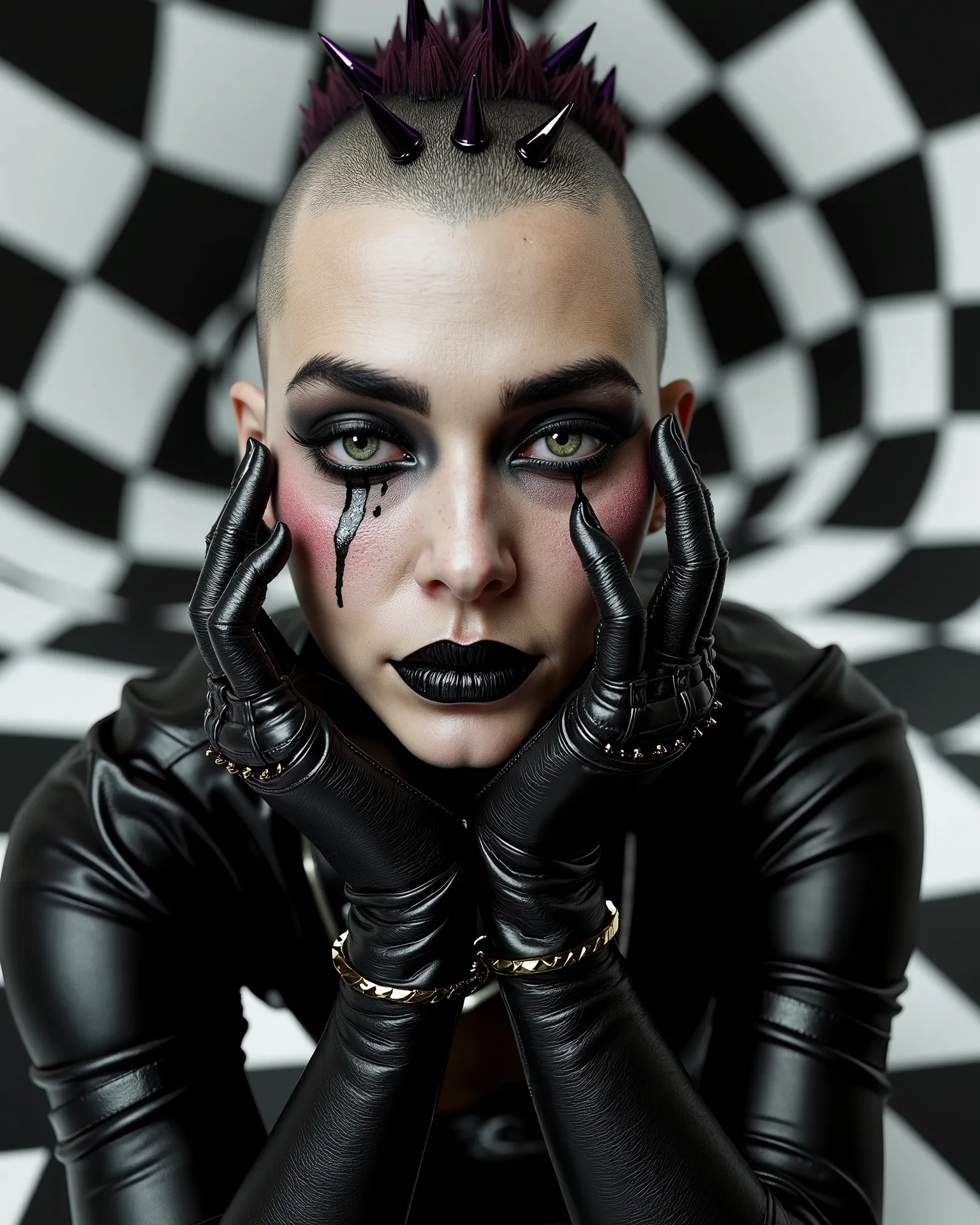 In an environment like a checkerboard: A surreal work that represents a close-up of a beautiful top model, Nordic female fashion model.  The beautiful punk metal woman wears black leather clothes and spikes with huge platform boots that combine intricate d...