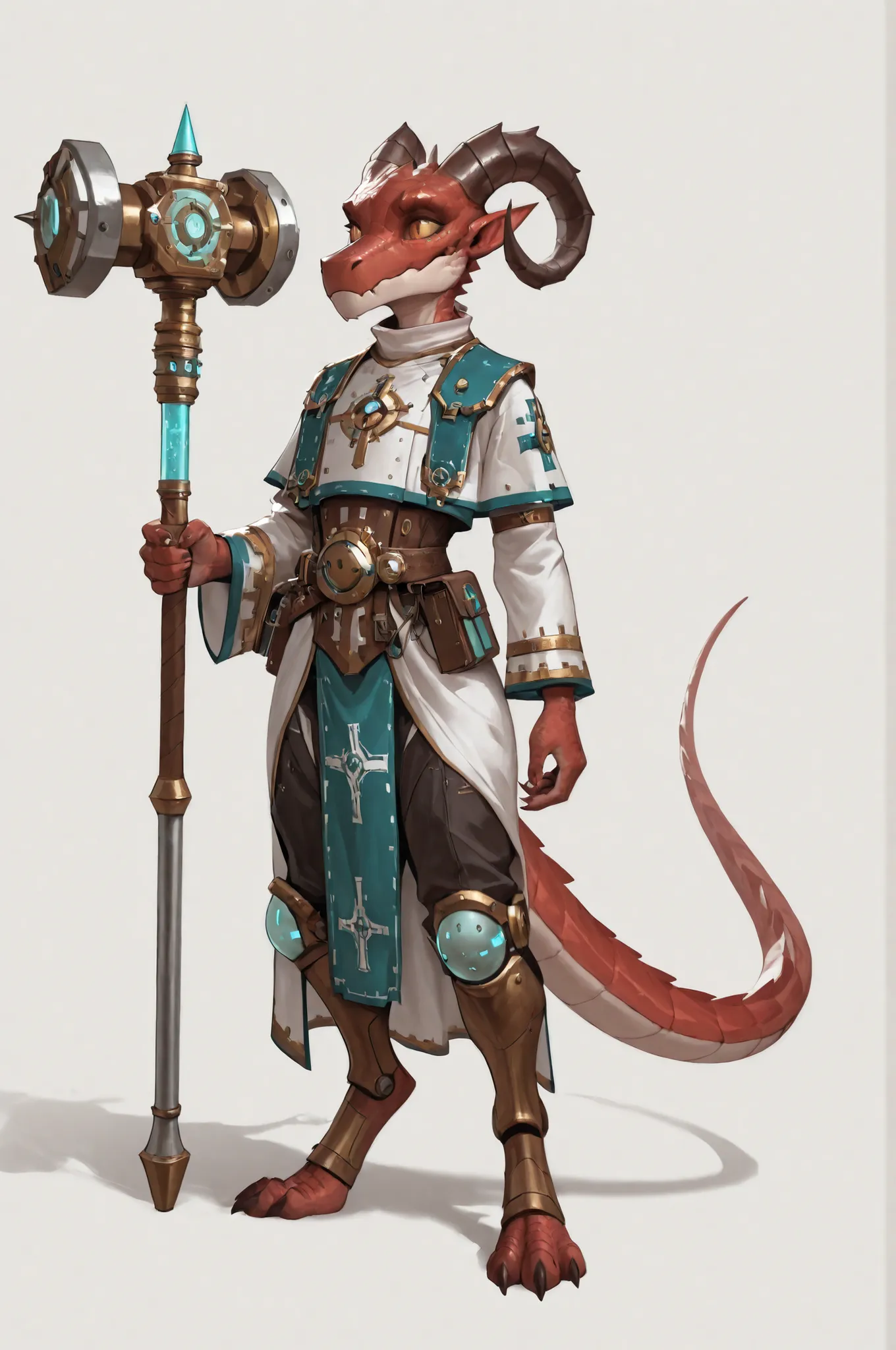 adeptus mechanicus, white robe, tech priest, pointed ears, long draconic snout, lean physique, kobold, red scales, great horns, artificer class, artificer's clothes highly detailed, best quality, holding great iron hammer