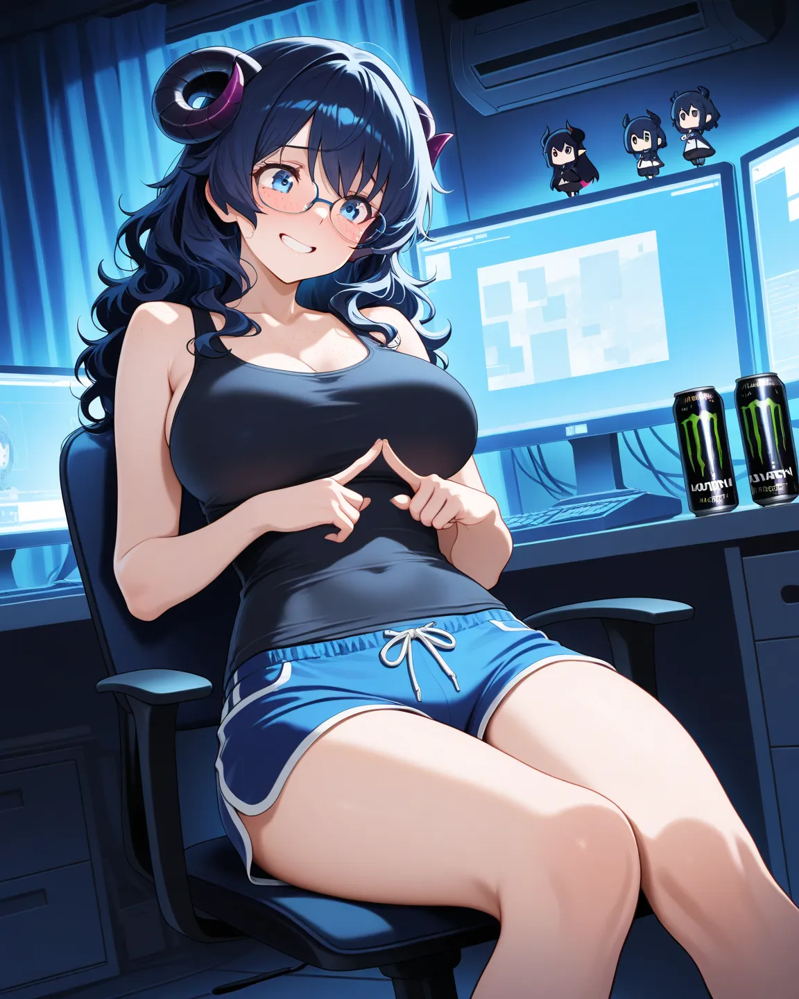 (masterpiece, best quality, ultra detailed, cinematic lighting, moody room atmosphere), a shy demon girl with long messy wavy hair, dark blue hair color, large curved demon horns, thick glasses, wearing a wrinkled white tank top and tight blue shorts, large breasts, sitting in a dimly lit otaku room with closed curtains, only the faint glow of a computer screen illuminating the space, teary-eyed, awkward grin, confused and embarrassed expression, touching her index fingers together nervously (tsun-tsun gesture), scattered game boxes, empty energy drink cans, figurine shelves in background, lonely but endearing mood, soft shadows, desaturated cool tones with blue light accents, sitting on chair, freckles, 