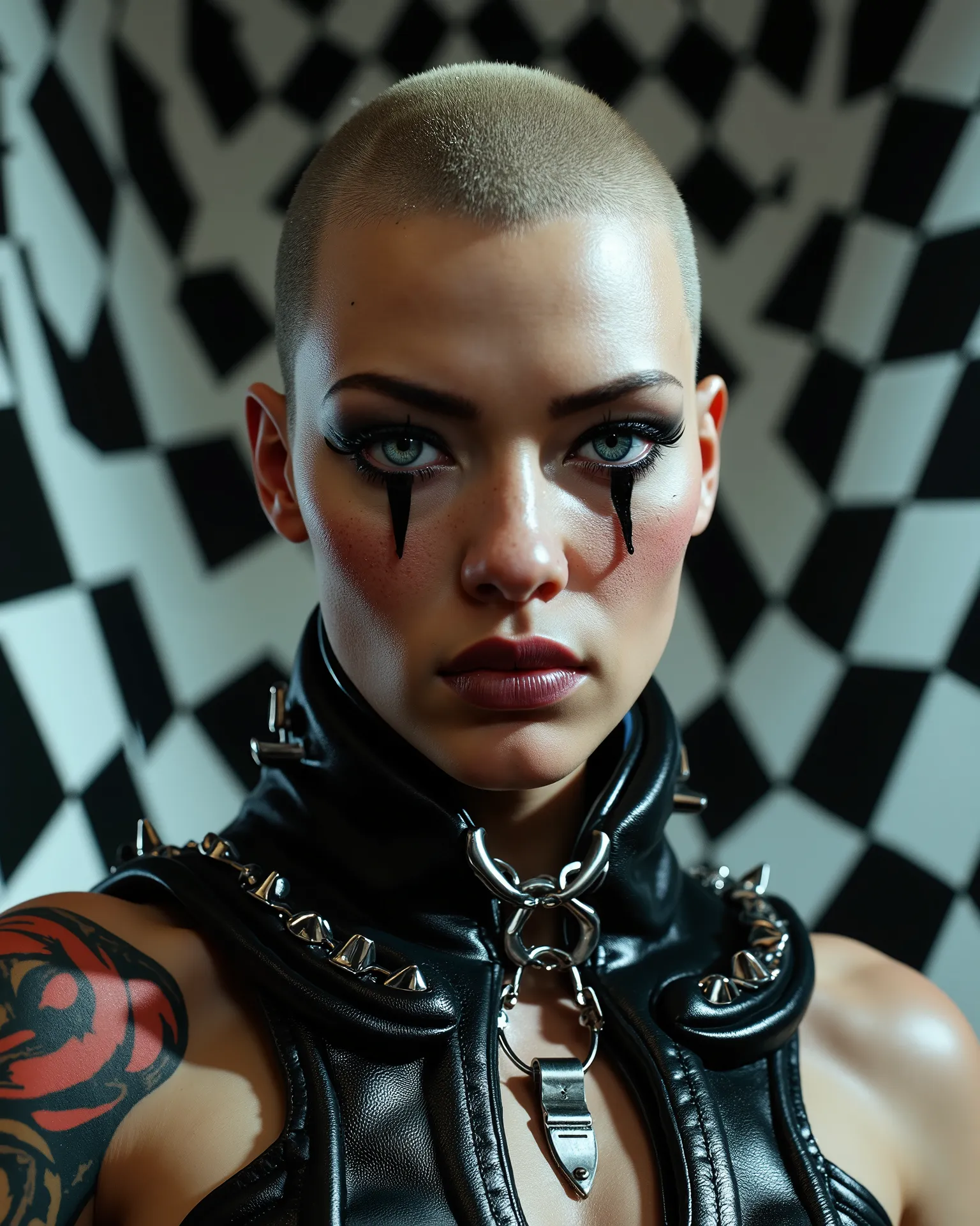 In an environment like a checkerboard: A surreal work that represents a close-up of a beautiful top model, Nordic female fashion model.  The beautiful punk metal woman wears black leather clothes and spikes with huge platform boots that combine intricate d...