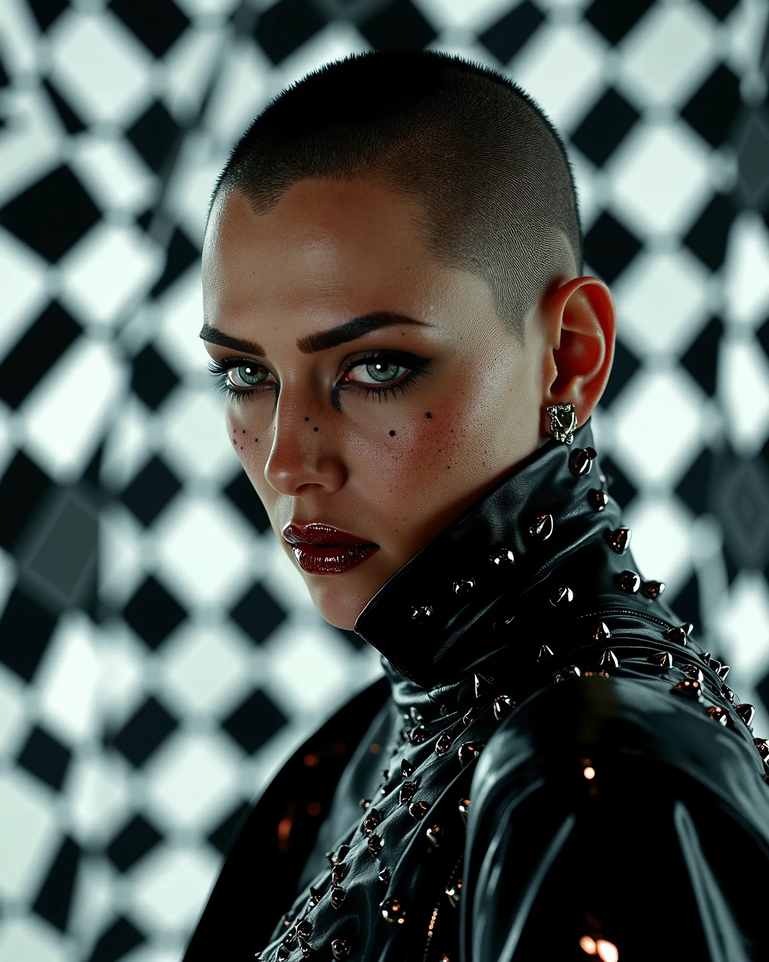 In an environment like a checkerboard: A surreal work that represents a close-up of a beautiful top model, Nordic female fashion model.  The beautiful punk metal woman wears black leather clothes and spikes with huge platform boots that combine intricate d...