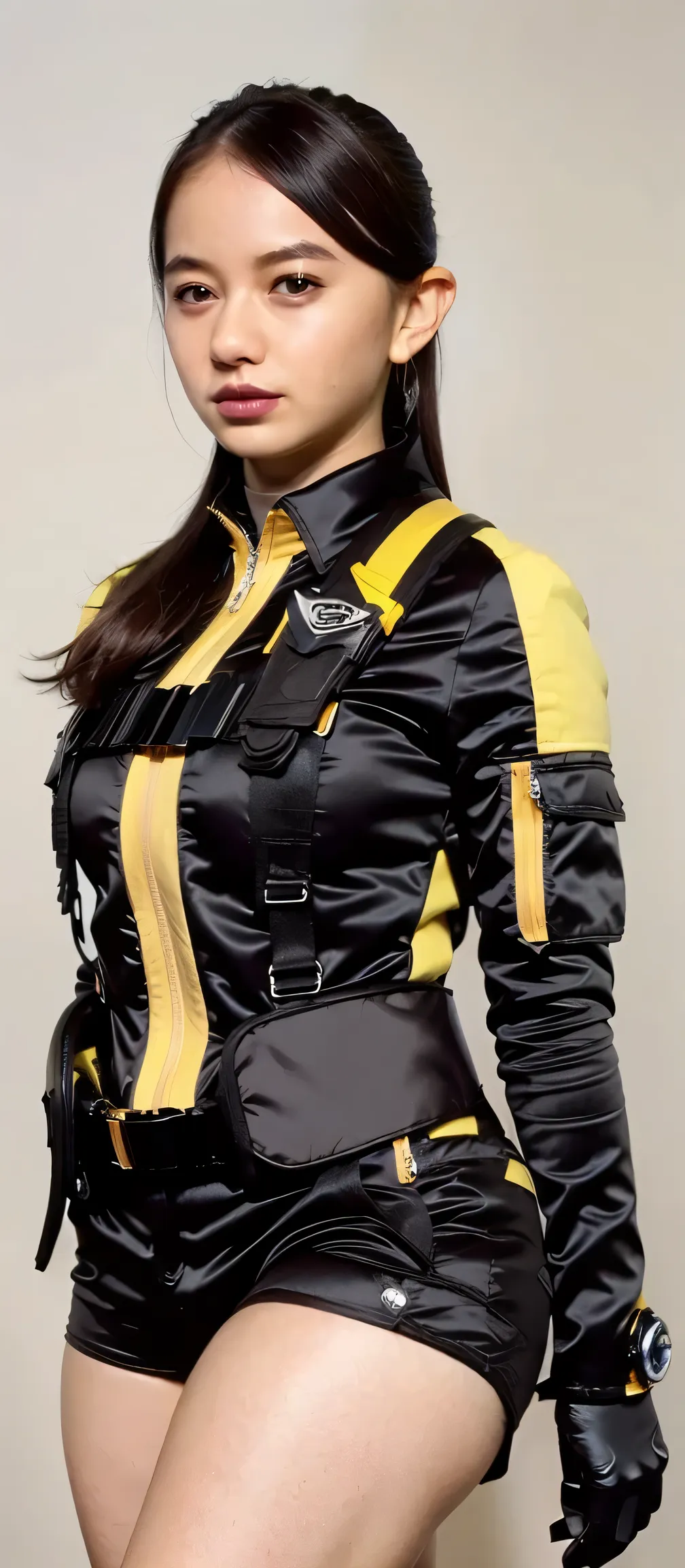(   extremely realistic ), ( Top Quality), ((round,            SMALL AND PRECISE FACE           )),short shorts,black gloves,黒 shorts, boots,jacket,shorts, dark hair ,big boobs,adult woman , Her breasts are big and rounded, The clothes are perfect for that...