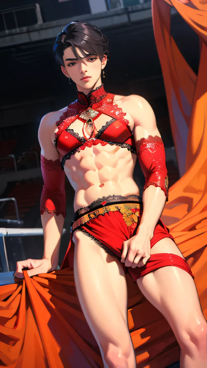 Oil painting, a young men 18 years old, Doing rhythmic gymnastics in front of swimmers, seduces offers himself erotically tempts , ready for anything, daring look, nudeboy, visible Lace of underwear, full length, no outerwear, aesthetics of the male body, ...