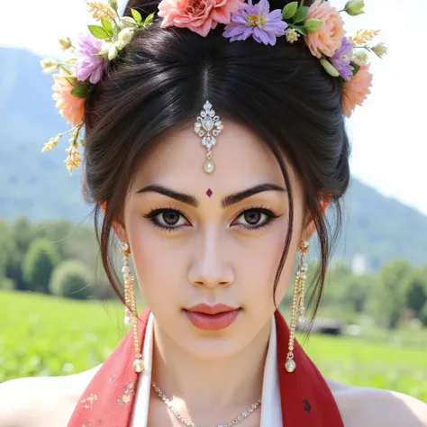 "A captivating and exquisitely detailed close-up portrait of a young woman, styled in what appears to be traditional or fantasy Asian attire. Her dark hair is elegantly styled, possibly in an updo, adorned with a magnificent floral wreath or crown composed...