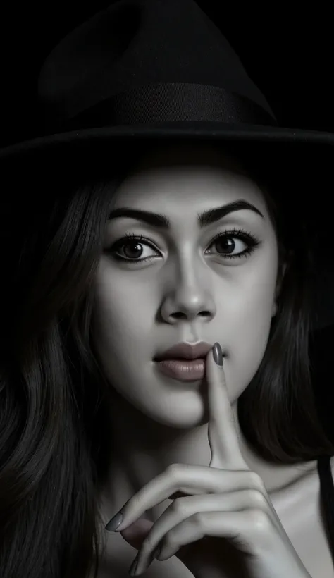 This is a striking, dramatic close-up portrait of a woman, rendered in a monochrome palette with a single splash of vivid color on her lips. The image conveys a sense of mystery and allure.
Her face is partially obscured by the brim of a dark hat, which ca...