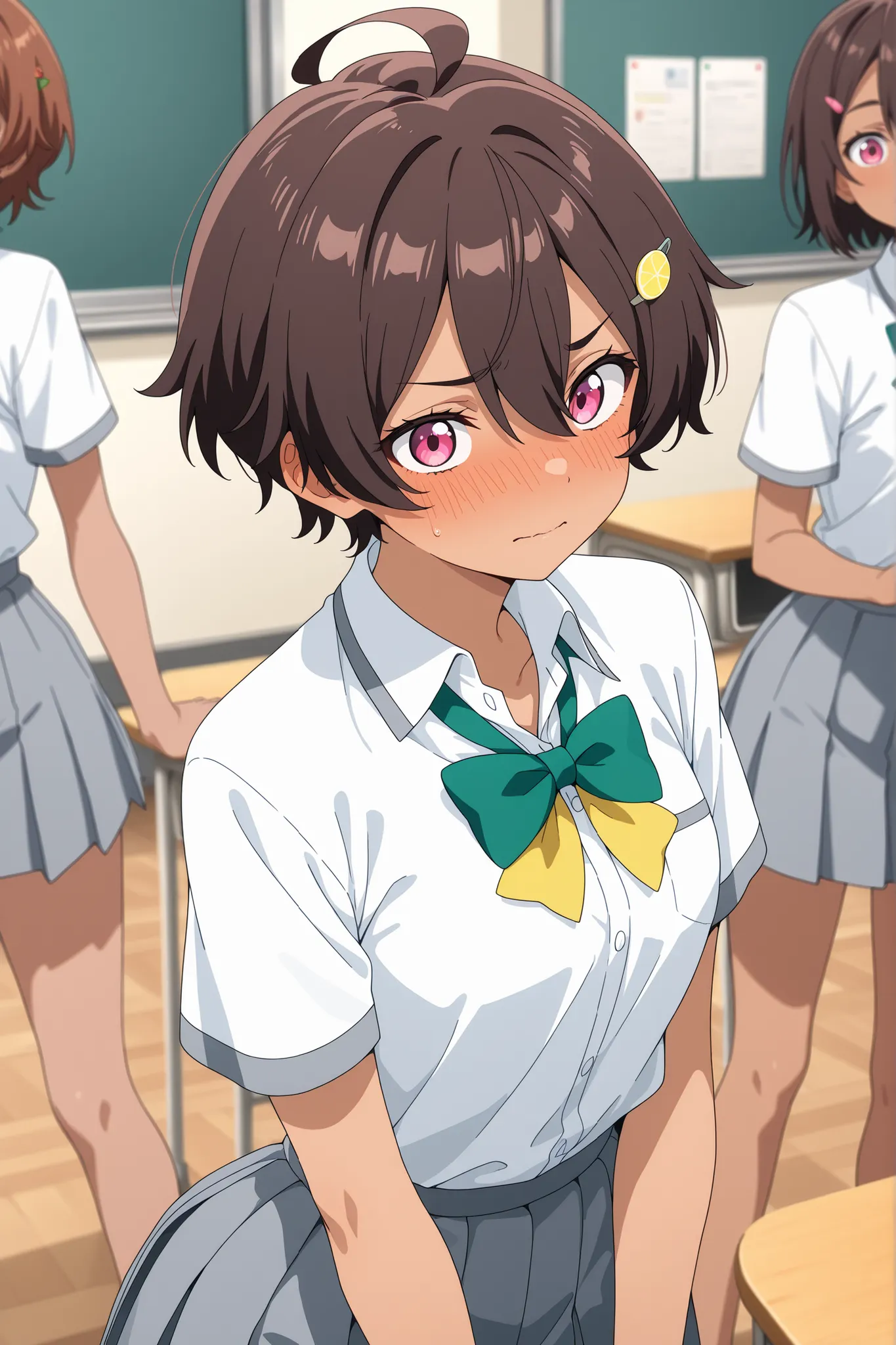 skirt, shirt, bow, school uniform, white shirt, short sleeves, pleated skirt, bowtie, yellow bow, grey skirt, yellow bowtie, green bow, green bowtie,,lemon yakishio, short hair, brown hair, ahoge, pink eyes, hair clip, hair between eyes, dark skin, dark-sk...