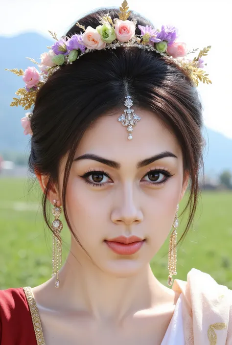 "A captivating and exquisitely detailed close-up portrait of a young woman, styled in what appears to be traditional or fantasy Asian attire. Her dark hair is elegantly styled, possibly in an updo, adorned with a magnificent floral wreath or crown composed...