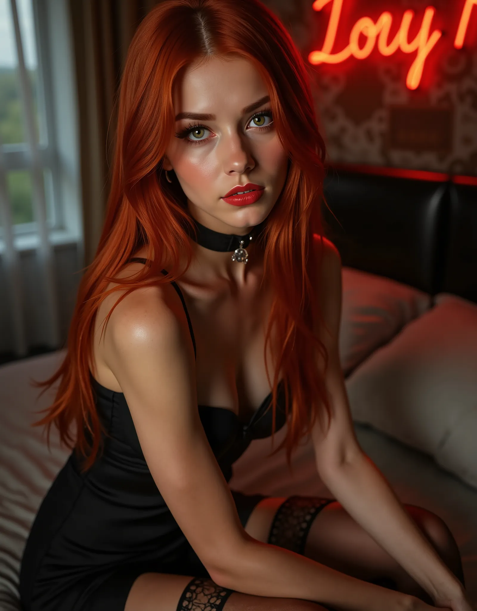 long sleek straight red hair, (age 22, green eyes, extremly skinny body and face, perfect fit body, firm round fake small breasts),  opened glossy lips,femme fatale, Long eye lashes, cat-eye makeup, pink glossy lipstick, seductive eyes, facing the viewer f...