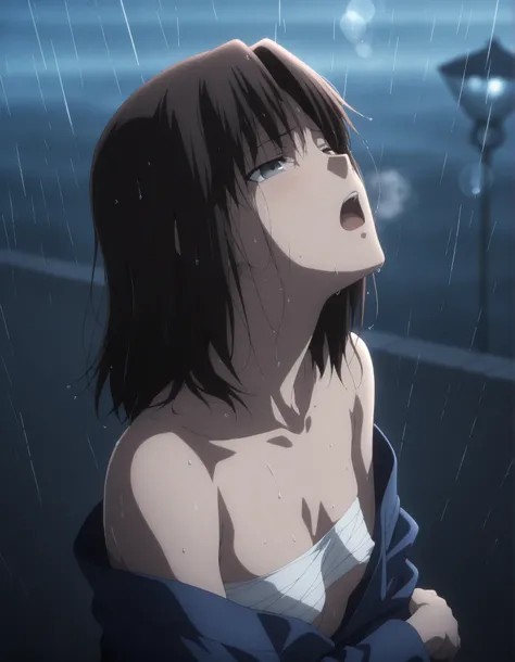 masterpiece, best quality, amazing quality, highres, absurdres, very aesthetic, high resolution, ultra detailed, perfect details, solo, , outdoors, ufotable style, ((midnight, dark, rain)), , (lens flare, sunset, blue hour), lamp, backlight, , from above, ...