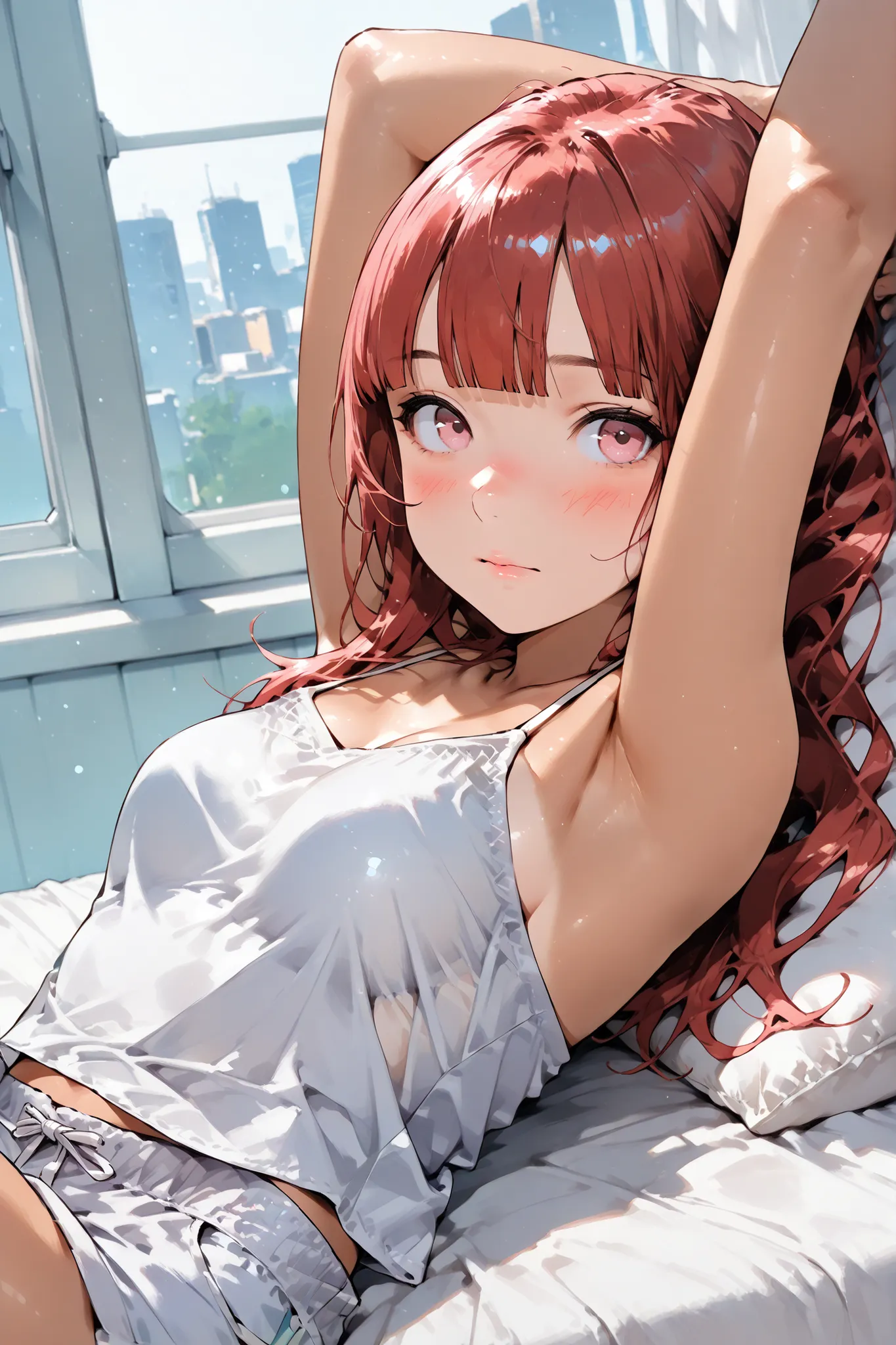 1girl,Super Detailed,absolute resolution,(dynamic angles),(tanned skin:0.3),,portrait,(pinup),(close-up,)((from side)),Beside viewer,,
lying on bed,on back,((arm above head,arm behind head)),
((Short length white Spaghetti Strap Camisole)),(steelblue wrap ...