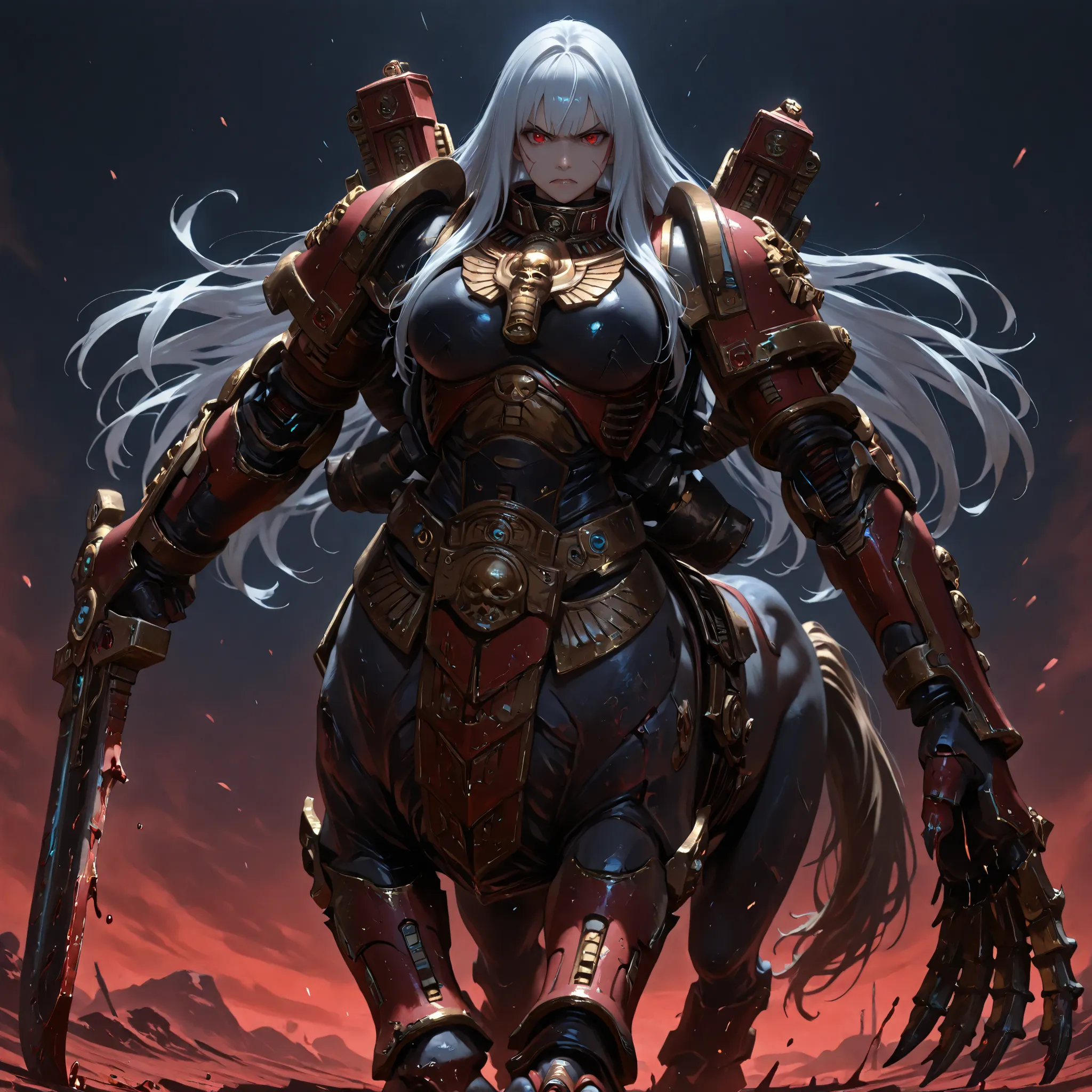 (ultra quality:1.3), masterpiece, (highly detailed), HDR, 8K, 1girl {Young woman, long wave white hair, light makeup, red eyes, fair skin, big breasts covered in chest plate armor, red space marine power armor scars and blood, generator backpack, centaur s...