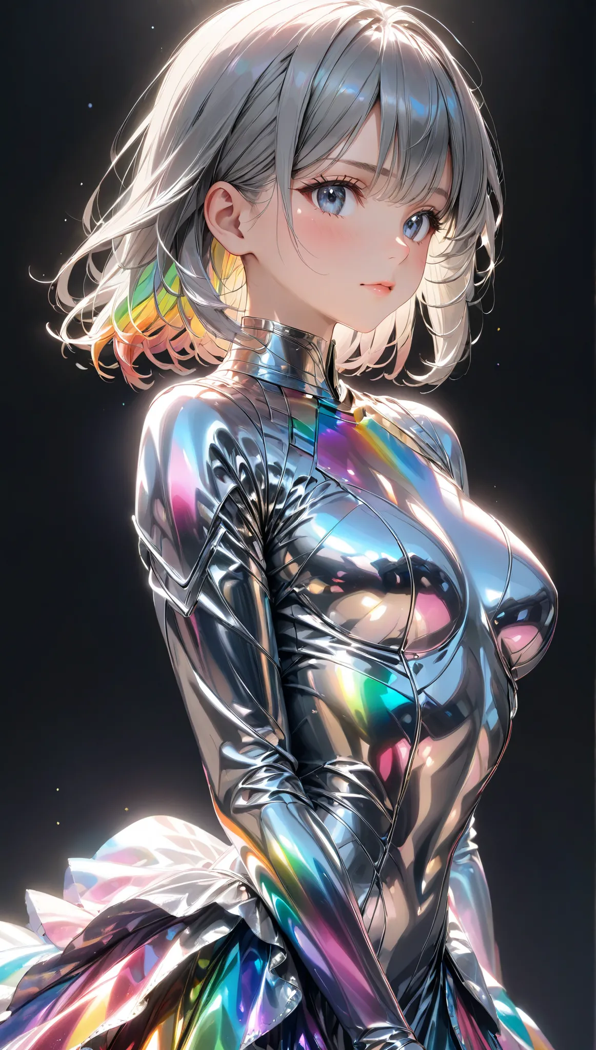 Completely Anatomically Correct、Upper Body Portrait of a Young Woman、solo、Rin々 -looking face、detailed expression、ash grey bob、glossy hair、Hair that can be seen through lighting、hair with gradation、wolf cut hair、dress made of silver metallic foil、Rainbow-co...