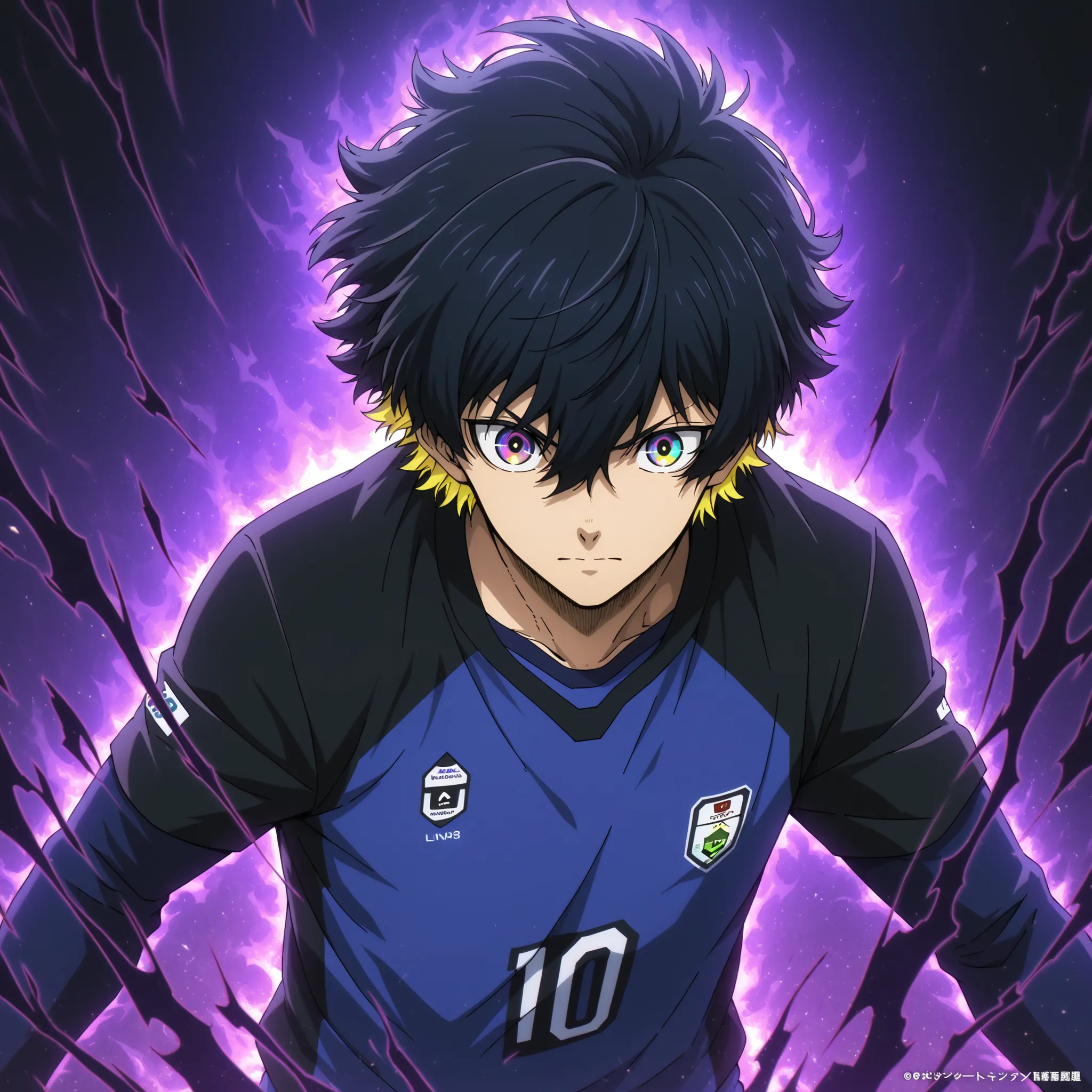 dark aura,blue_ lock_style,anime boy, soccer uniform ,shirt number 10, black hair hair ,blond highlights, multicolored eyes , aura of numbers