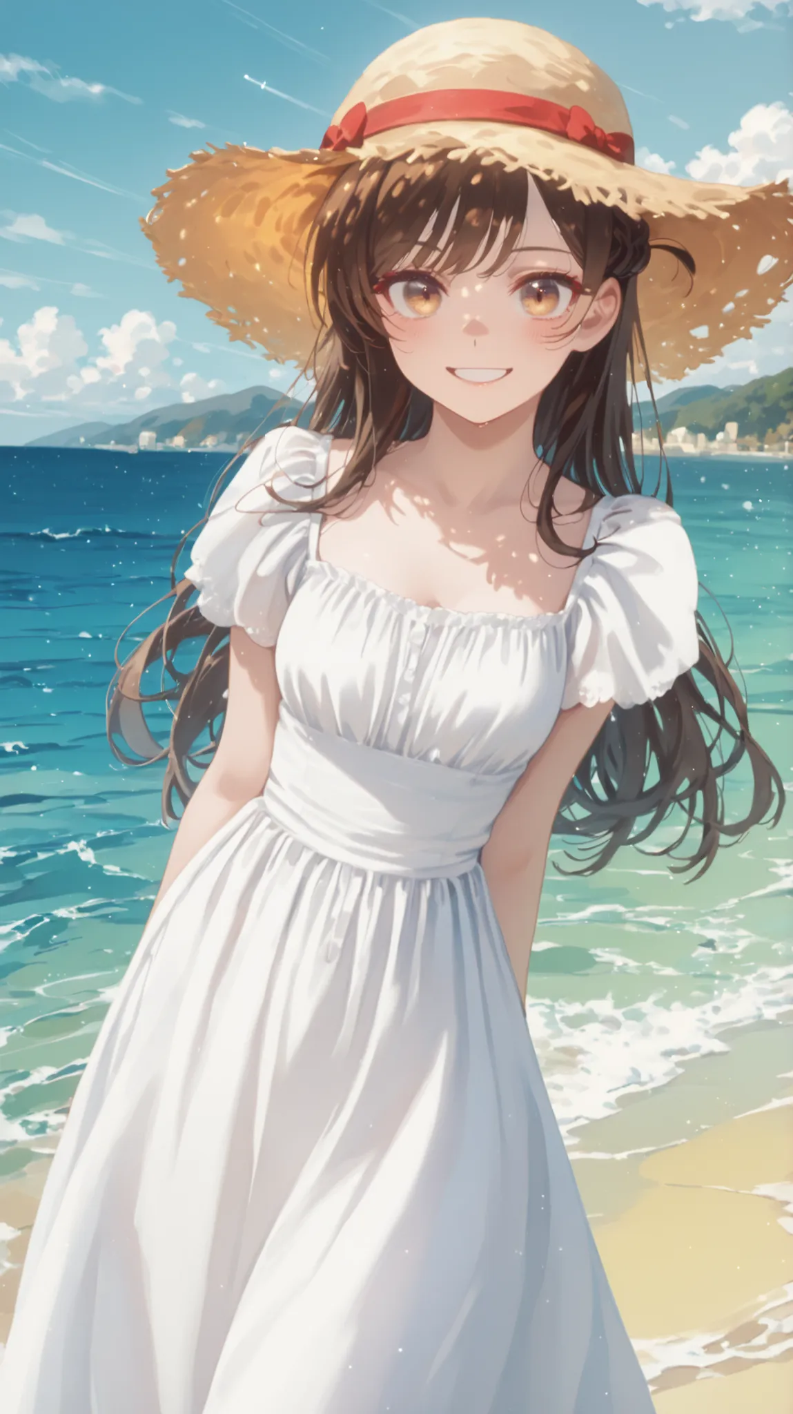 red bow straw hat:1.4,Light yellow light on light brown eyes gradation eyes:1.3,open eyes:1.5,provocative expression:1.3.look at the front:1.3 light smile:1.3,Very detailed、:1.3, masterpiece、４K,White ロングワンピース,e-mouth:1.2,Mizuhara Chizuru,耳の上に編み込み,編み込みからハネ毛...