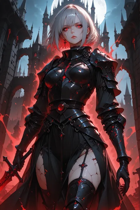 masterpiece, best quality, bright, very aesthetically pleasing, high contrast, newest , 1 divinely beautiful woman, 1girl, Pretty beautiful girl, Solo, woman, platinum hair, (short hair:1.2), deadly red eyes, deadly expression, cracked skin, armour, expres...