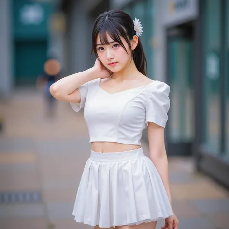 (top quality, highest resolution, Ultimate Masterpiece), (HIGHLY DETAILED HYPERREALISTIC RAW PHOTO:1.10), ((cute and very beautiful realistic ballet dancer poses with 4 Japanese idols:1.10))), 
JK uniform in white , serafuku, white short sleeve shirt and w...