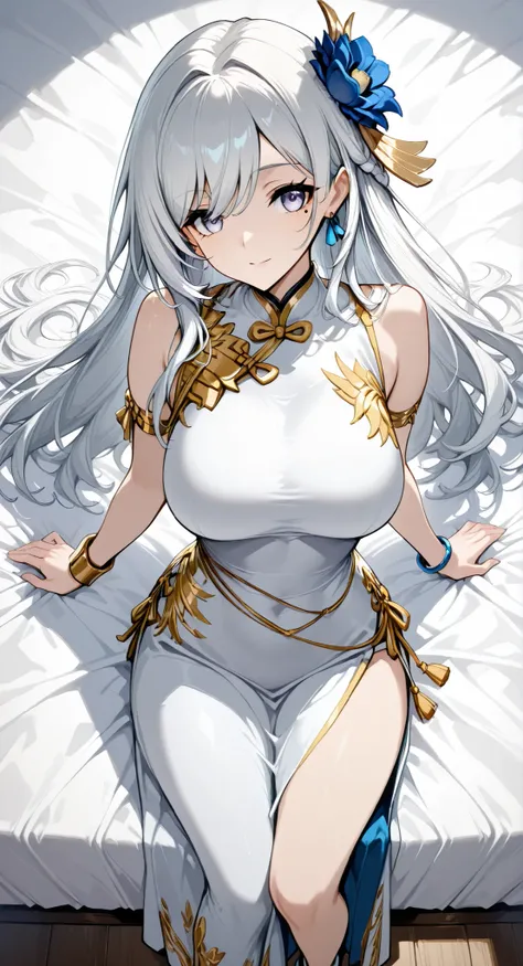 mole under eye、Armlet for left arm、bracelet for right wrist、sleeveless china ,anime girl Picture of a woman with long white hair and a flower in her hair, gray hairの deity, Anime Goddess, gray hairの, gray hairの lady, gray hair, Zodiac Knight Portrait Girl,...
