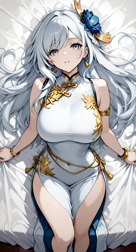 mole under eye、Armlet for left arm、bracelet for right wrist、sleeveless china ,anime girl Picture of a woman with long white hair and a flower in her hair, gray hairの deity, Anime Goddess, gray hairの, gray hairの lady, gray hair, Zodiac Knight Portrait Girl,...
